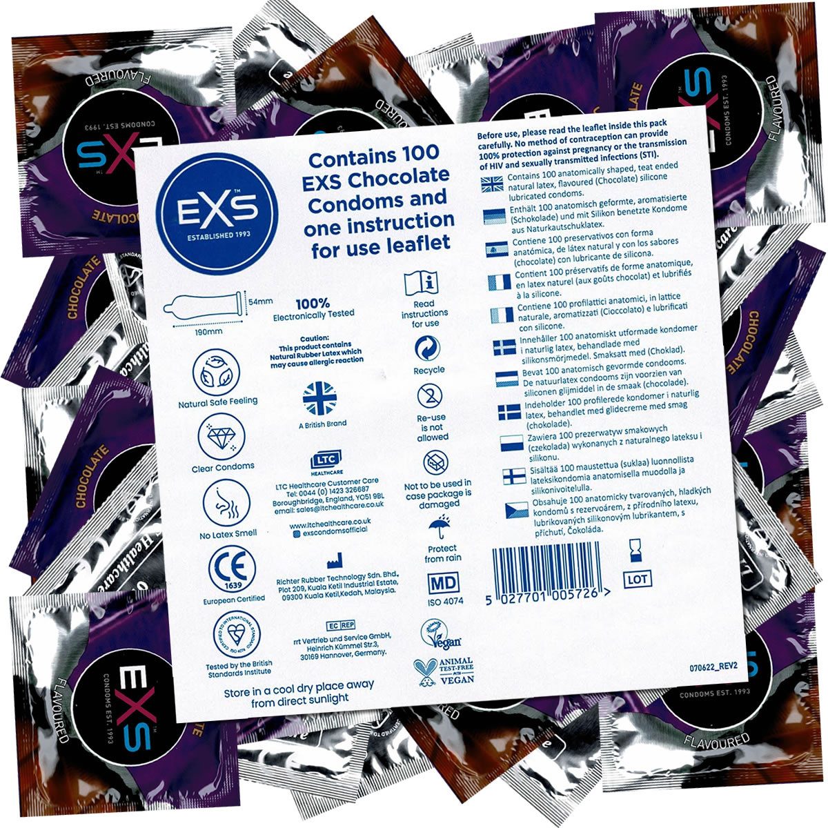 EXS Kondome Chocolate Flavour - leckere Kondome Packung mit, 100 St., aromatisierte Kondome, Kondome mit Schokoladen-Geschmack, Kondomvorrat, Großpackung