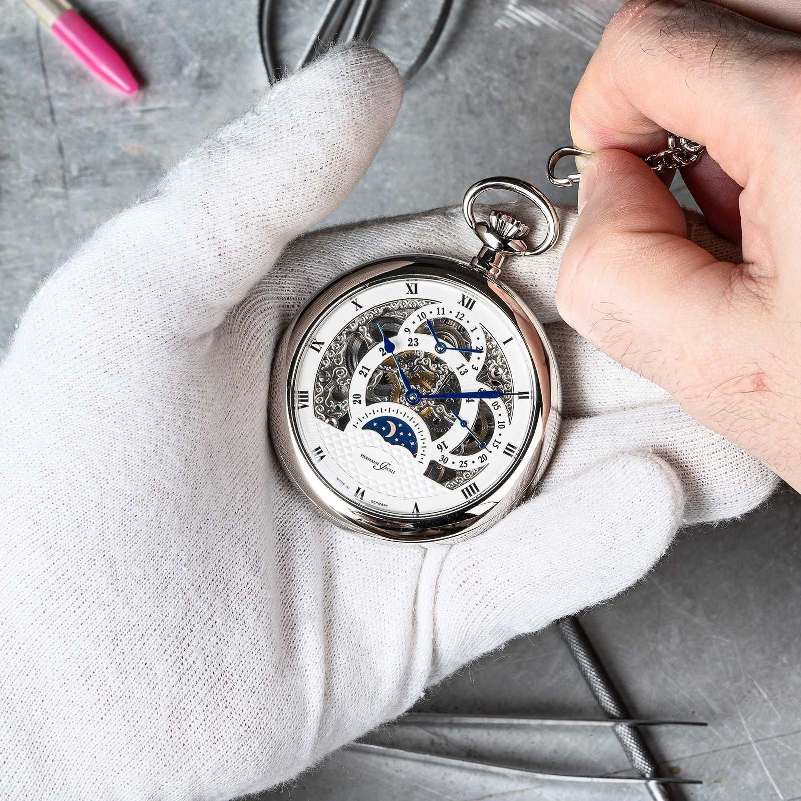 Hermann Jäckle Taschenuhr "Tuttlingen II" Skelett, Handaufzug, 50 mm, Mineralglas, (mit Kette und Reiseetui), mit Kette & Reiseetui – Made in Germany, Edle Herrenuhr