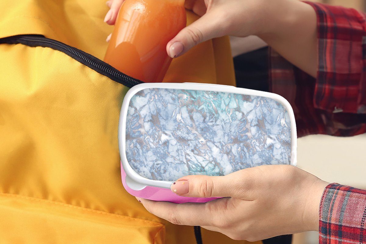 MuchoWow Lunchbox Silber - Blau Kunststoff Marmor, Brotdose - (2-tlg), rosa Gemustert Kinder, - für Snackbox, Brotbox Erwachsene, Mädchen, Kunststoff