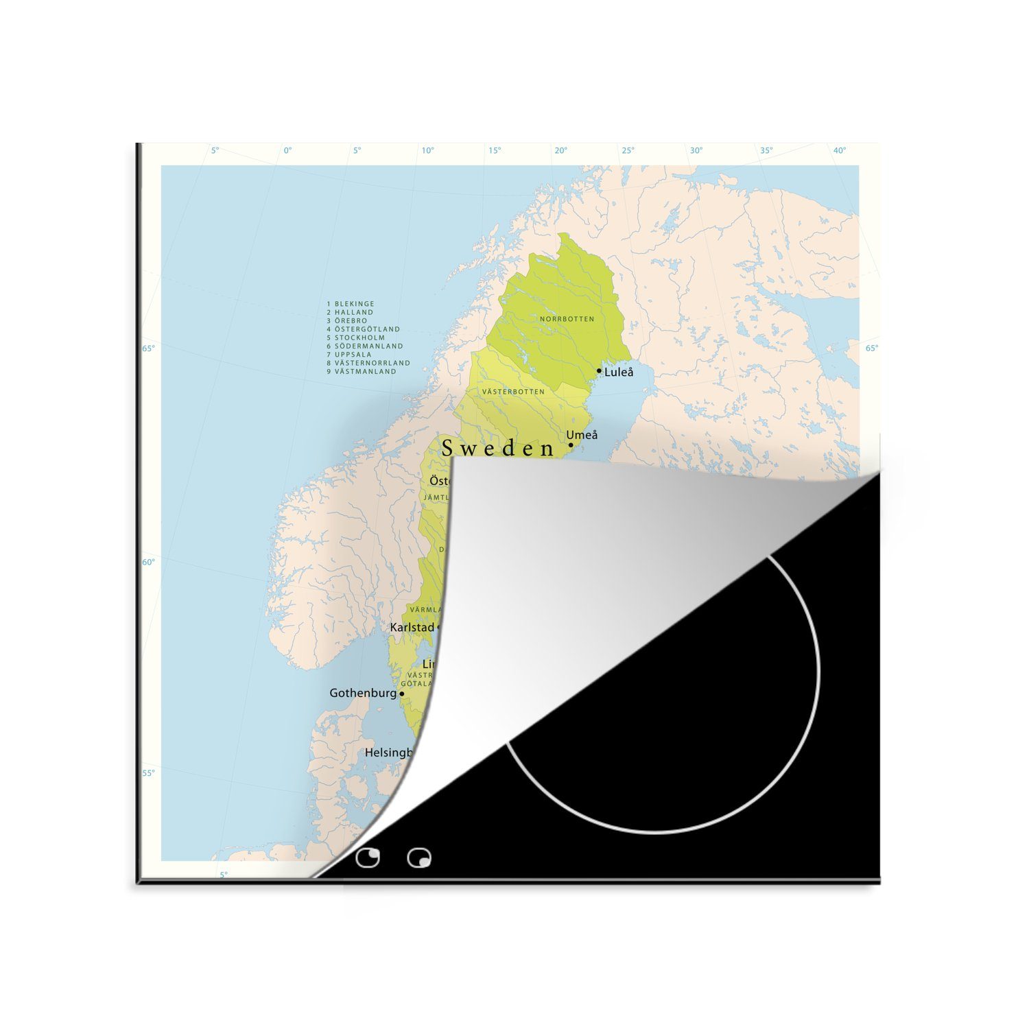 MuchoWow Herdblende-/Abdeckplatte Illustration einer Karte mit Schweden in grün, Vinyl, (1 tlg), 78x78 cm, Ceranfeldabdeckung, Arbeitsplatte für küche