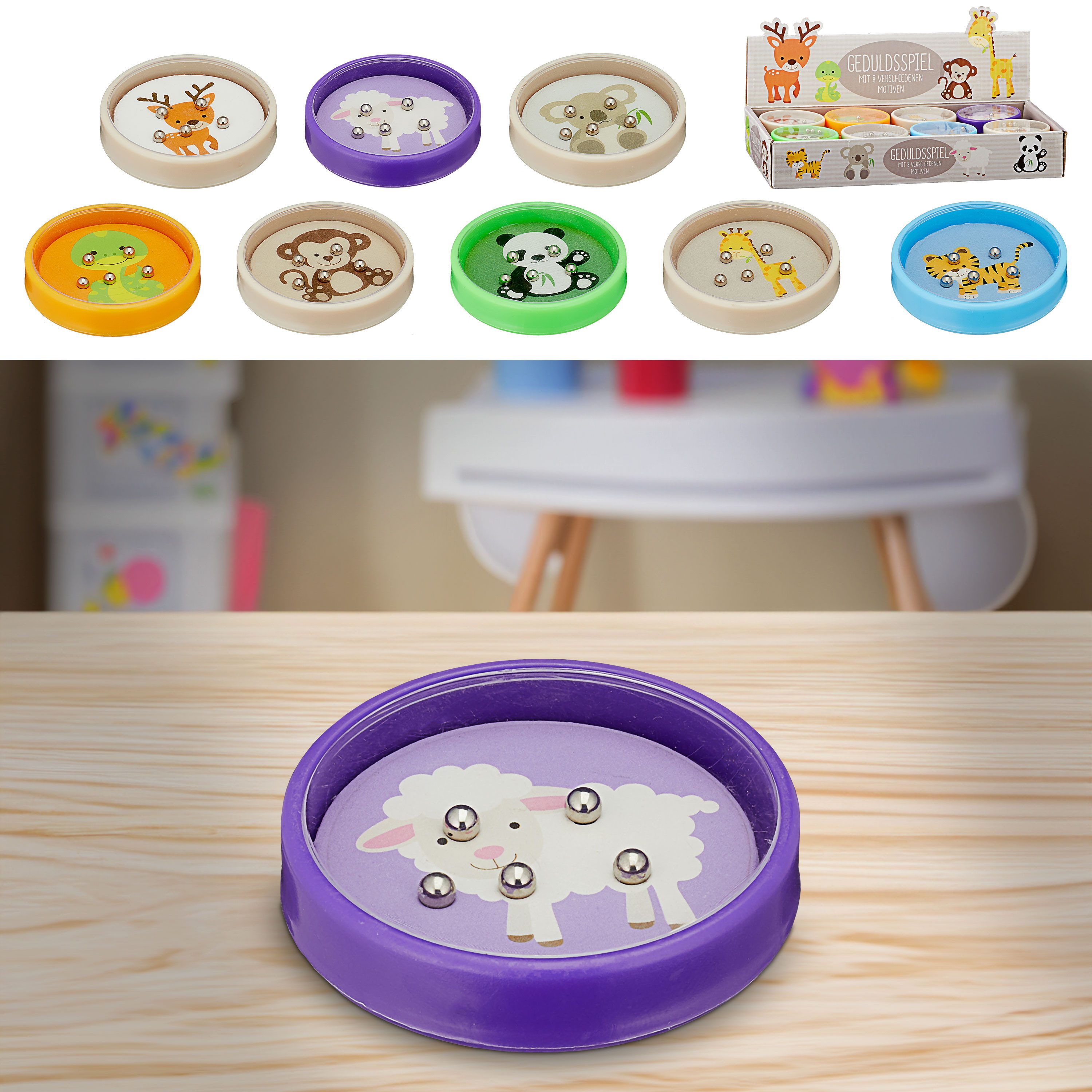 CEPEWA Spiel Geduldsspiel Tiermotive 24 Stück Display 5,5x1cm Kunststoff Kugelspiel