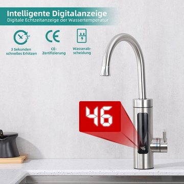 HOMELODY Küchenarmatur Elektrische Durchlauferhitzer, Smart Heater Wasserhahn 360° drehbar Edelstahl Wasserhahn Küche mit LED Temperaturanzeige, silber