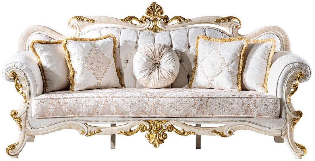 Casa Padrino Sofa Casa Padrino Luxus Barock Sofa Weiß / Braun / Weiß / Beige / Gold - Prunkvolles Wohnzimmer Sofa mit Glitzersteinen - Barockstil Wohnzimmer Möbel - Luxus Möbel im Barockstil - Barock Einrichtung