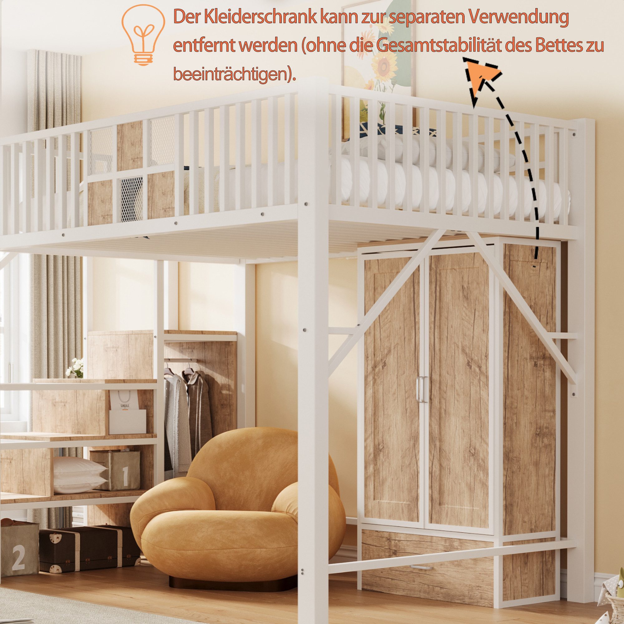 Celya Hochbett 140 × 200 cm Mit Markantem Geländerdesign Aus Holz und Metallgitter (ohne Matratze, mit Großem Kleiderschrank, Schubladen und Aufbewahrungsleiter) Geeignet für Schlafzimmer