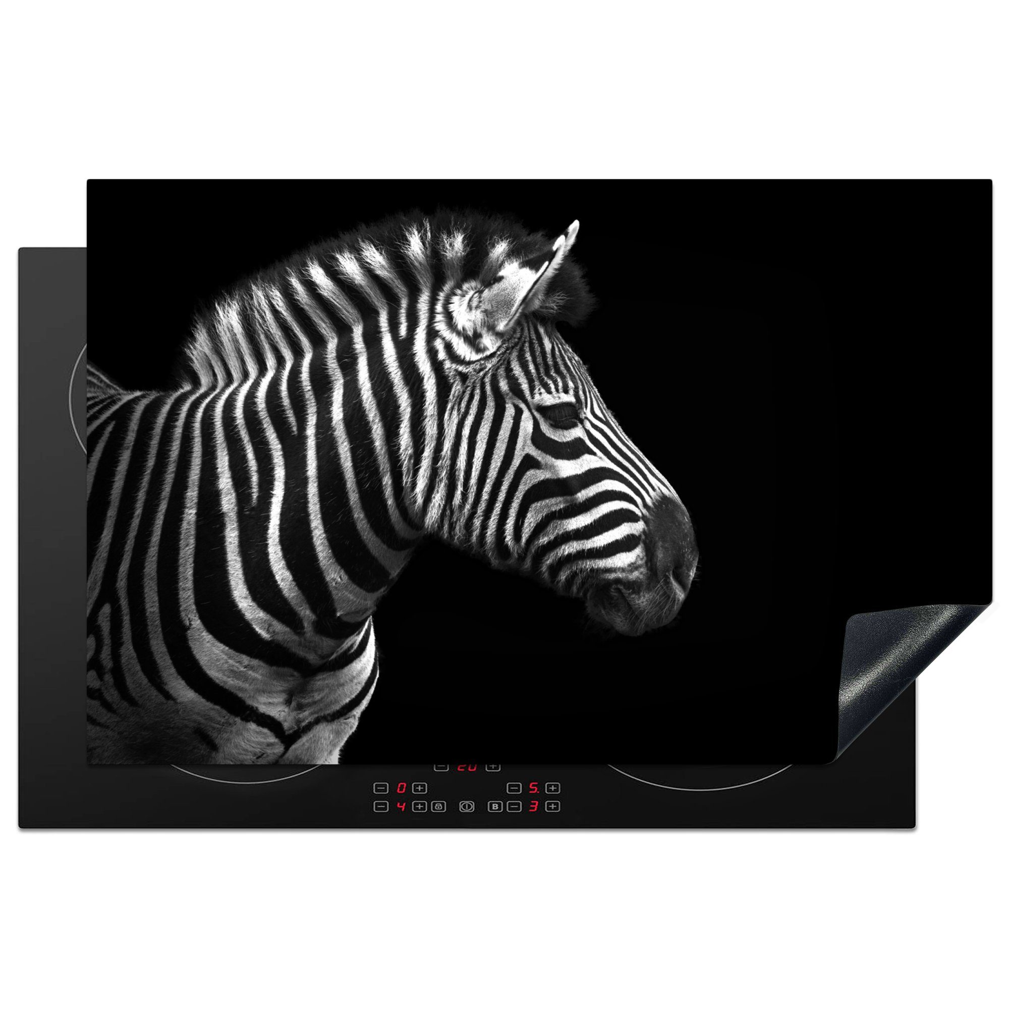 MuchoWow Herdblende-/Abdeckplatte Zebra - Schwarz - Weiß - Porträt - Tiere, Vinyl, (1 tlg), 81x52 cm, Ceranfeldabdeckung, Arbeitsplatte für küche