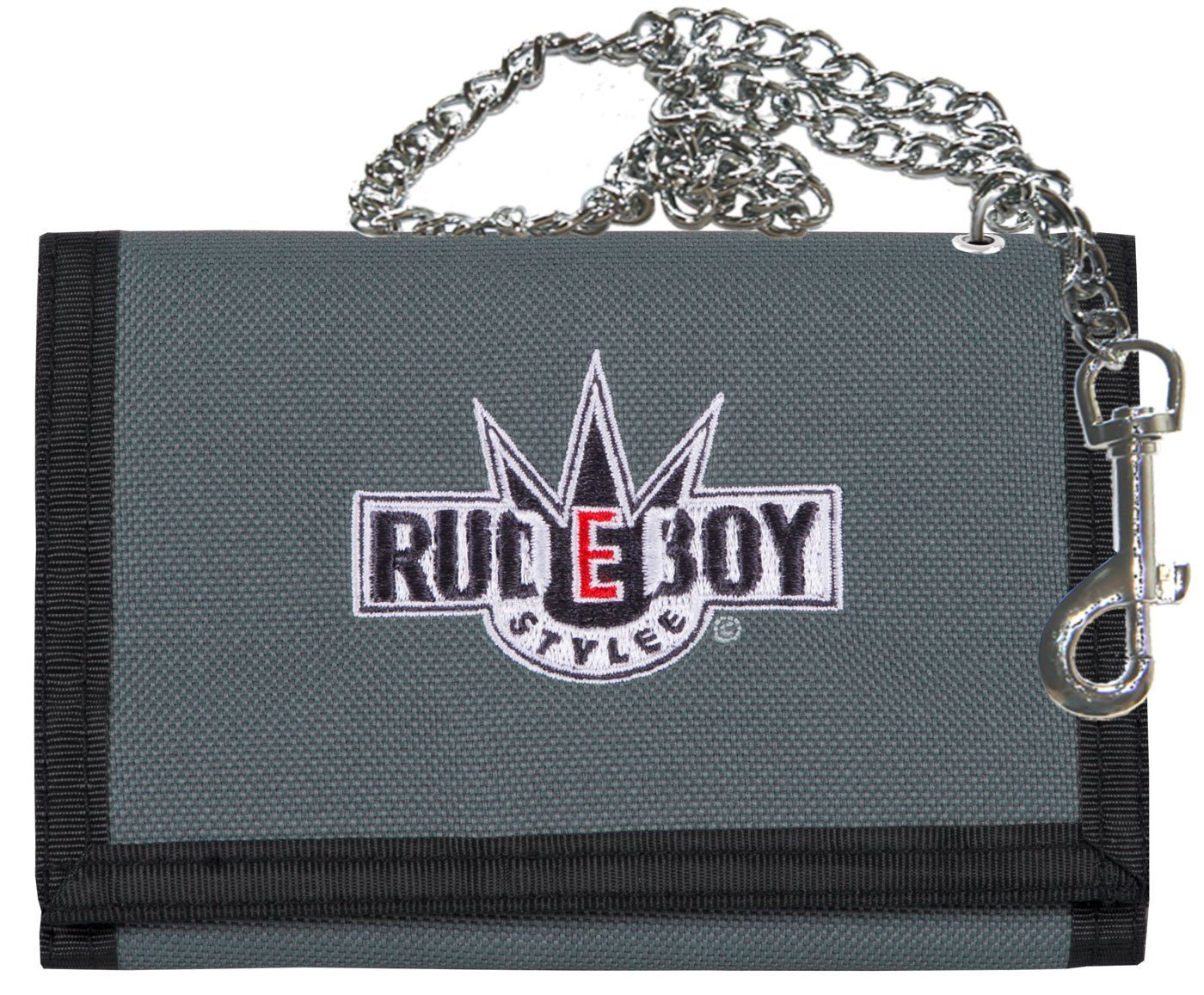 Rudeboy Stylee Geldbörse Wallet Classic mit Kette und Klettverschluß für Erwachsene u. Kinder, verchromte Kette mit Karabiner Dunkelgrau