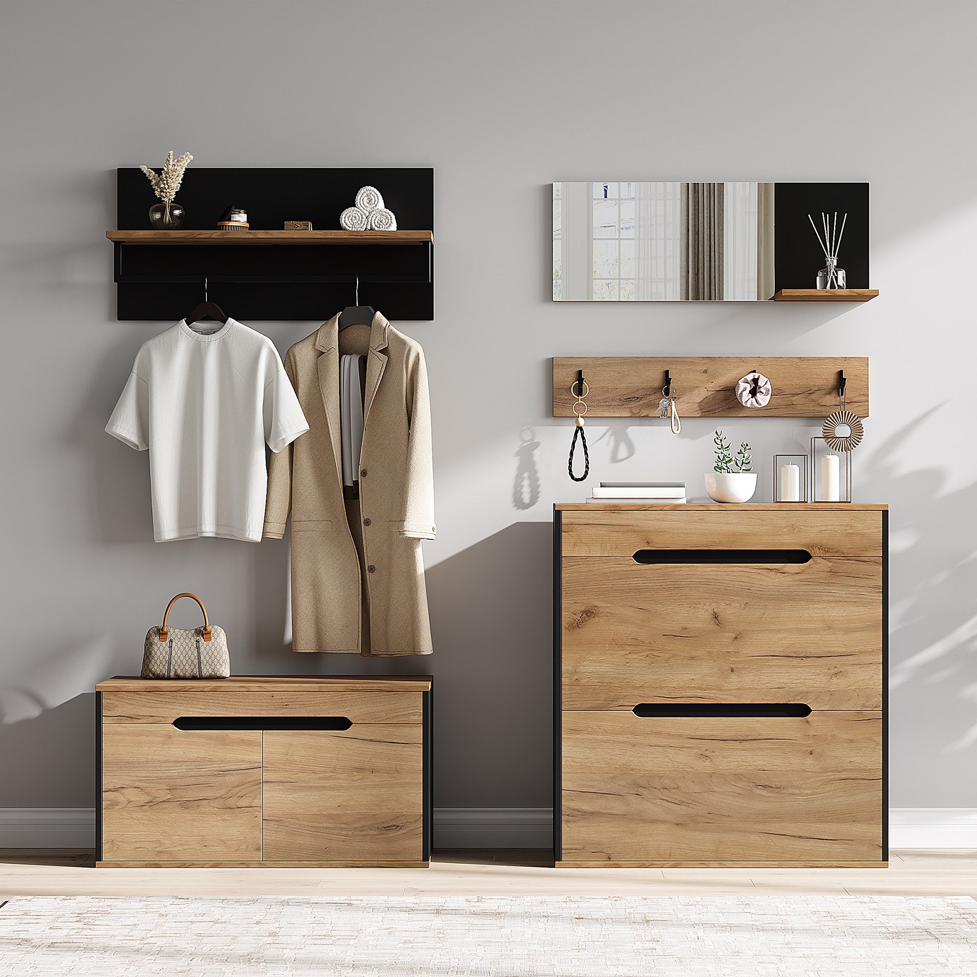 KLAM HOME Garderoben-Set Modulares Garderoben-Set Schwarz-Holzoptik mit Spiegel & Schuhbank, (Kombinierbare multifunktionale Flurgarderobe mit 2 Klapp-Schuhschränken), Komplette Eingangsgarderobe 156x36x176cm aus MDF und Spanplatten