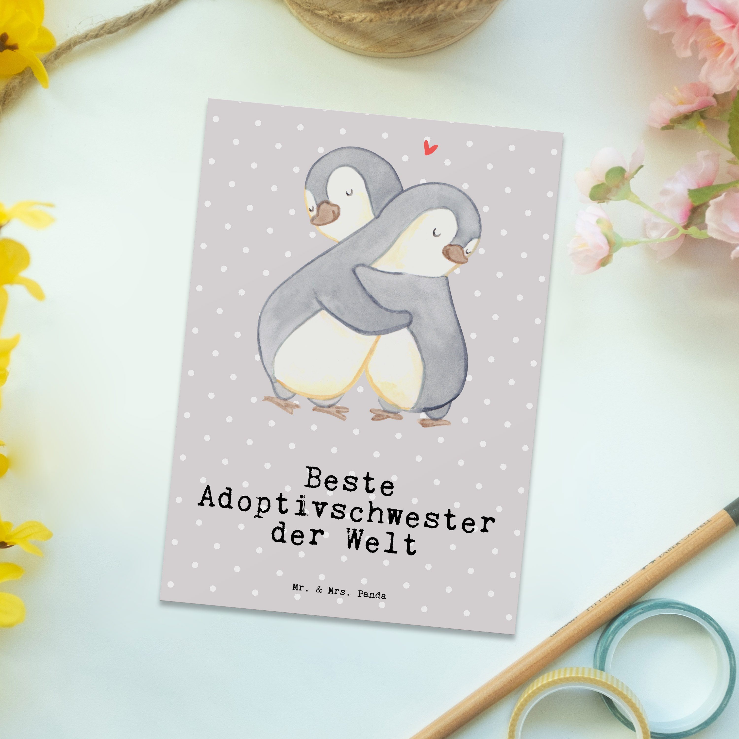 Beste Pinguin Postkarte - Mrs. der Pastell Grau Geschenk, Welt Adoptivschwester Ge Panda & - Mr.