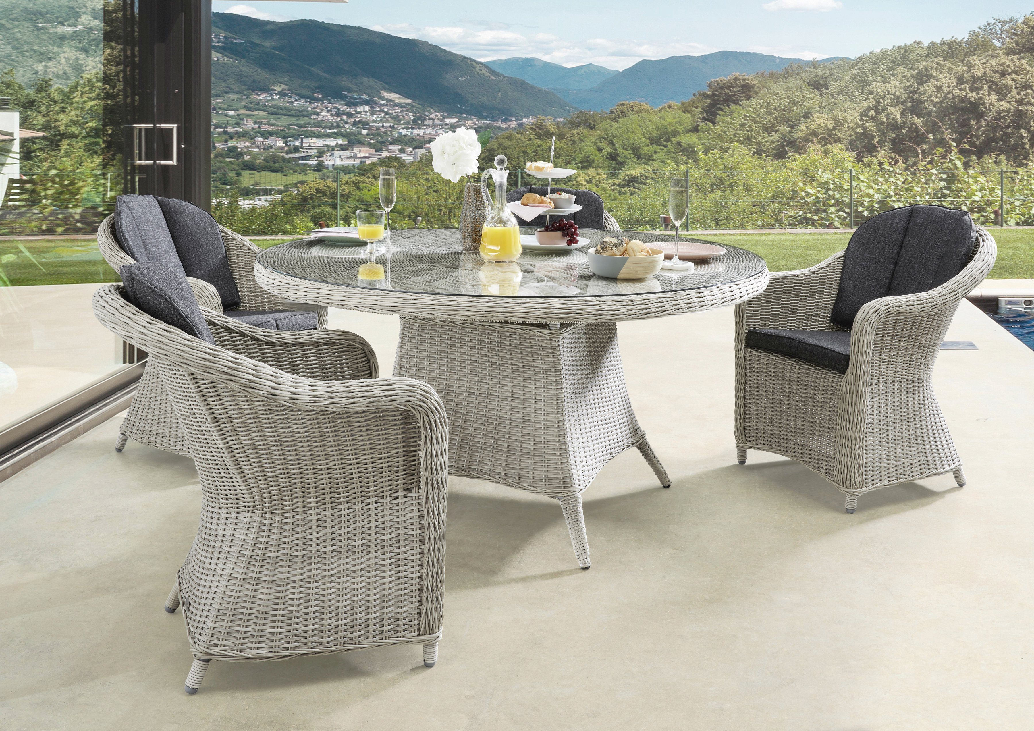 Destiny Garten-Essgruppe MALAGA LUNA, (Set, 13-tlg), Polyrattan, 4 Sessel + 1 Tisch Ø 120x75 cm, inkl. Auflagen