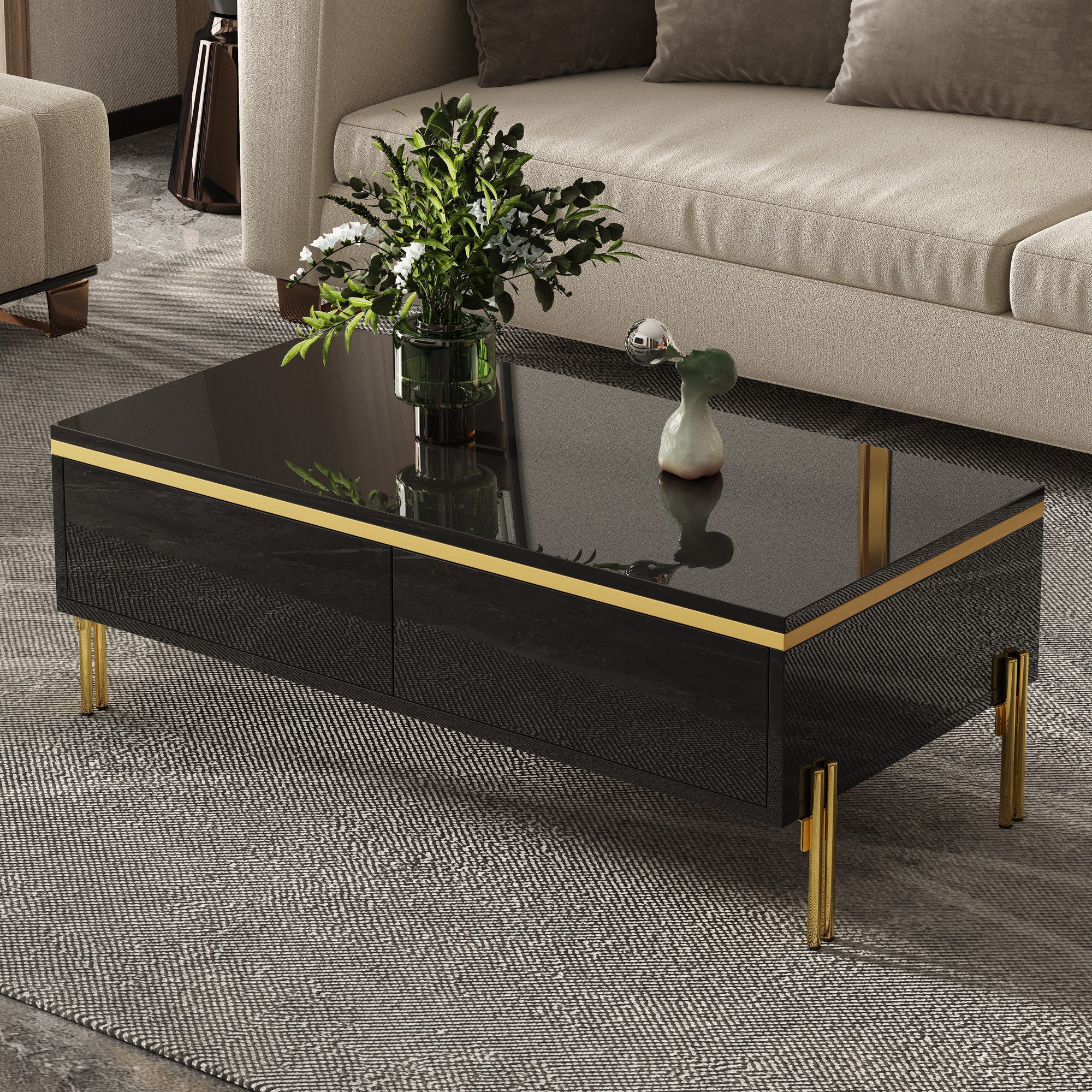 Merax Couchtisch hochglanz Sofatisch Beistelltisch mit goldenen Zierelementen (1-St), Wohnzimmertisch mit Doppelschubladen und Metallbeinen, 100x50x36cm – Bild 3 von 5