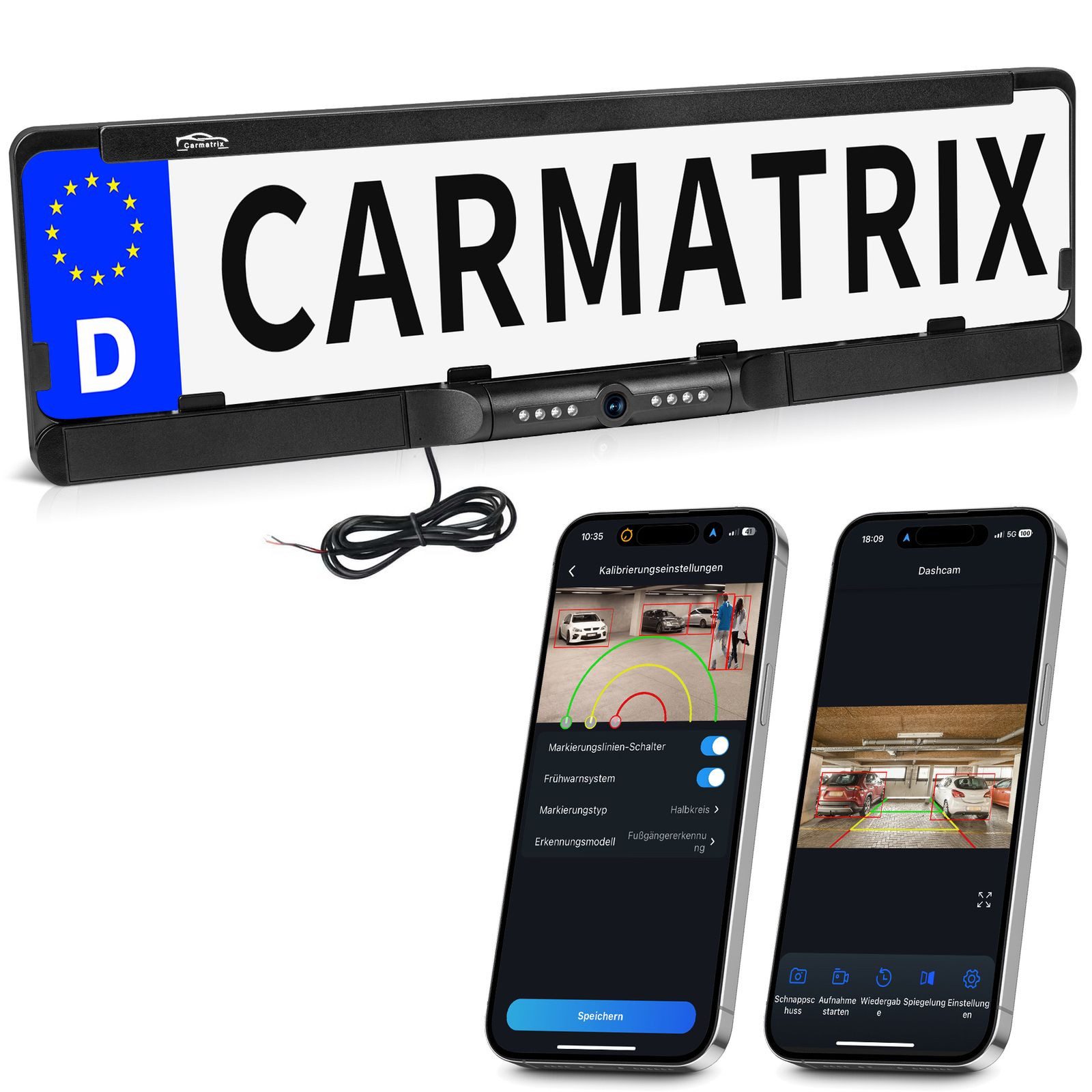 CARMATRIX D43 Rückfahrkamera (Auto WLAN Funk Rückfahrsystem im Nummernschild Kennzeichenhalter, Rückfahrkamera Digital kabellose Einparkhilfe zum nachrüsten APP)