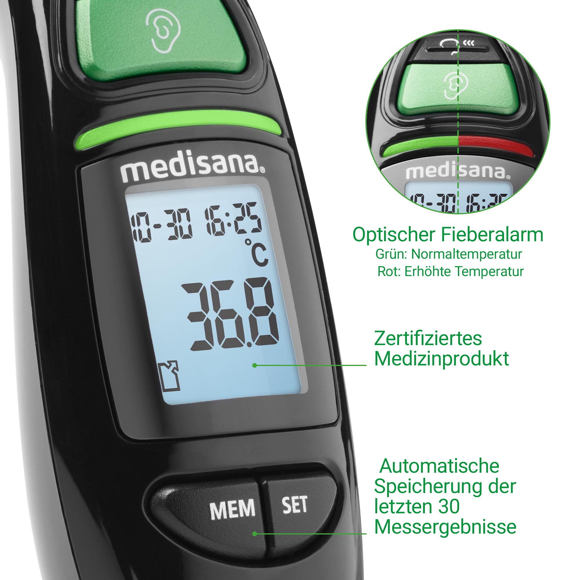medisana Infrarot-Fieberthermometer TM 750, Messung von Körper- & Umgebungstemperatur, Flüssigkeiten, Oberflächen