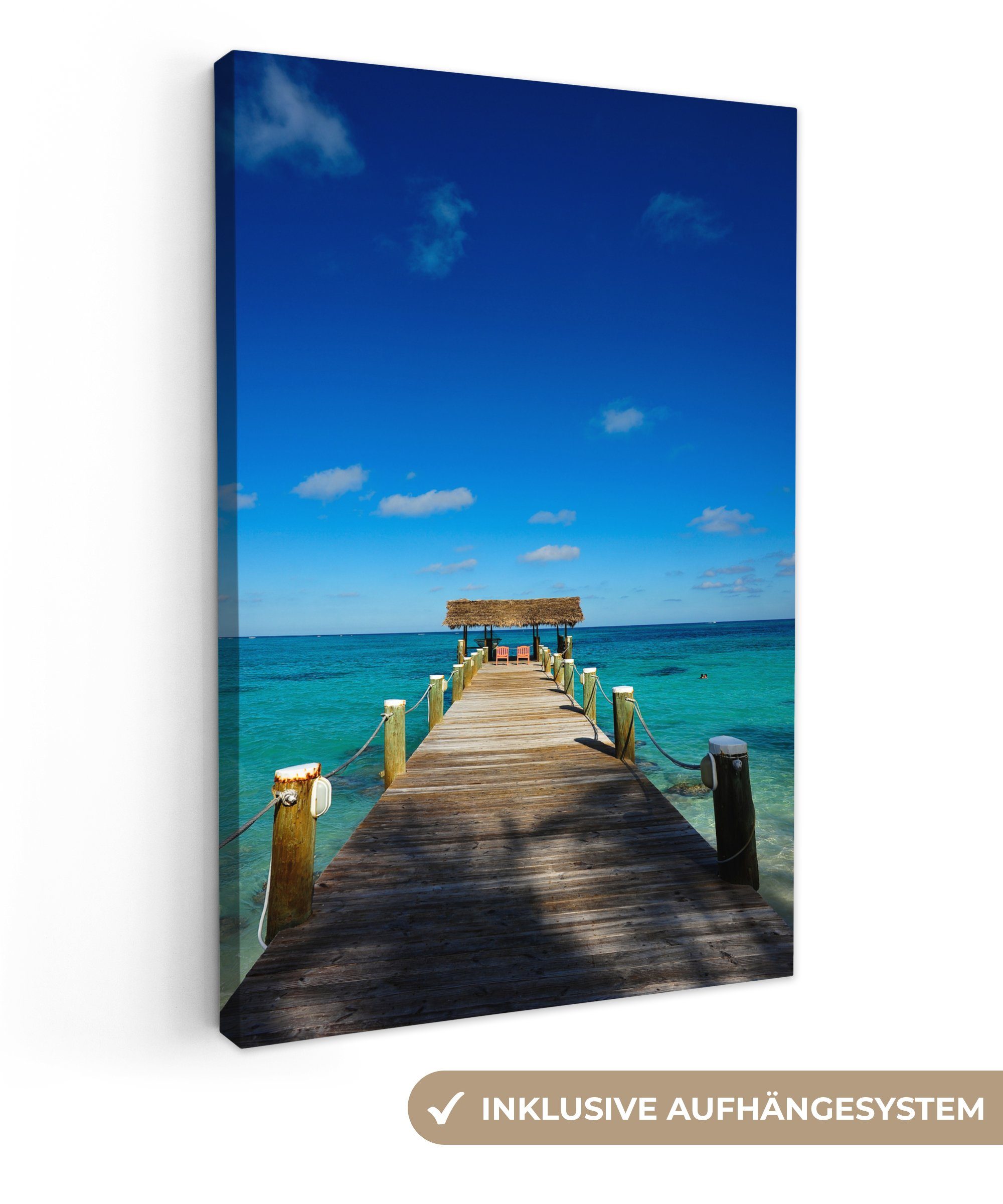 OneMillionCanvasses® Leinwandbild Bootssteg auf den Bahamas, (1 St), Leinwandbild fertig bespannt inkl. Zackenaufhänger, Gemälde, 20x30 cm
