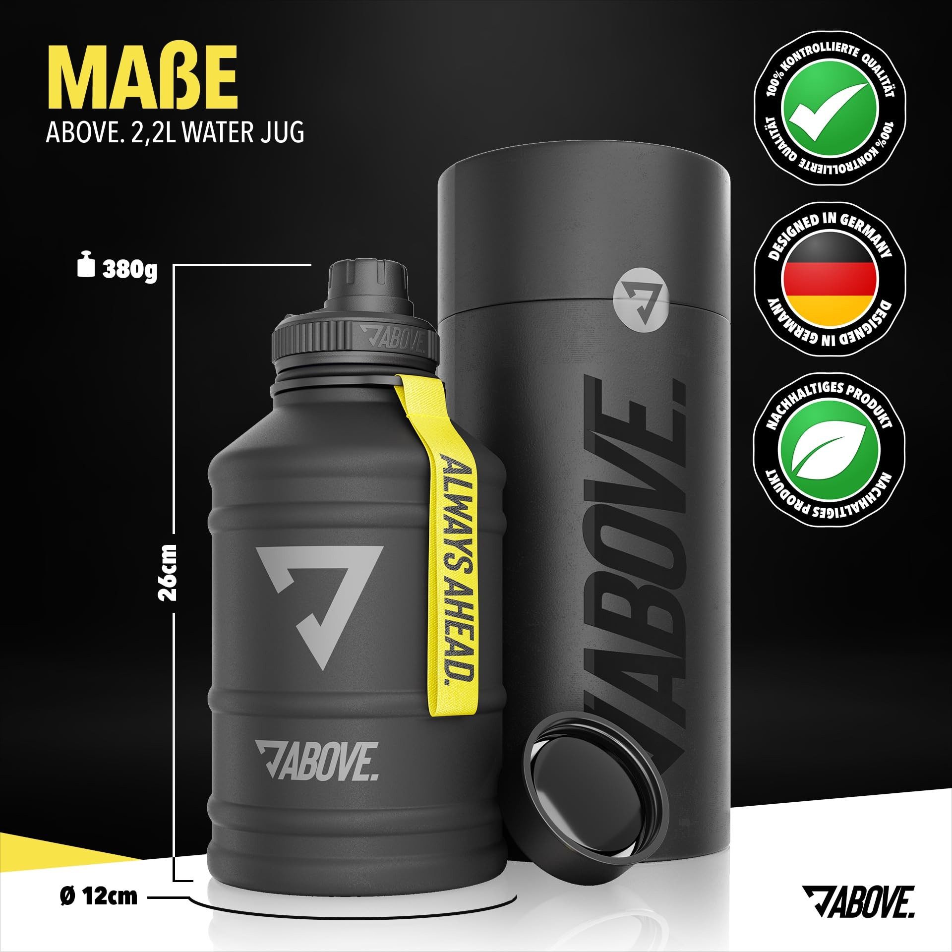 ABOVE. Trinkflasche Edelstahl Trinkflasche 2.2L – BPA-frei, Auslaufsicher & Robust – 2L, mit Extra Trinkverschluss für Sport, Fitness & Outdoor