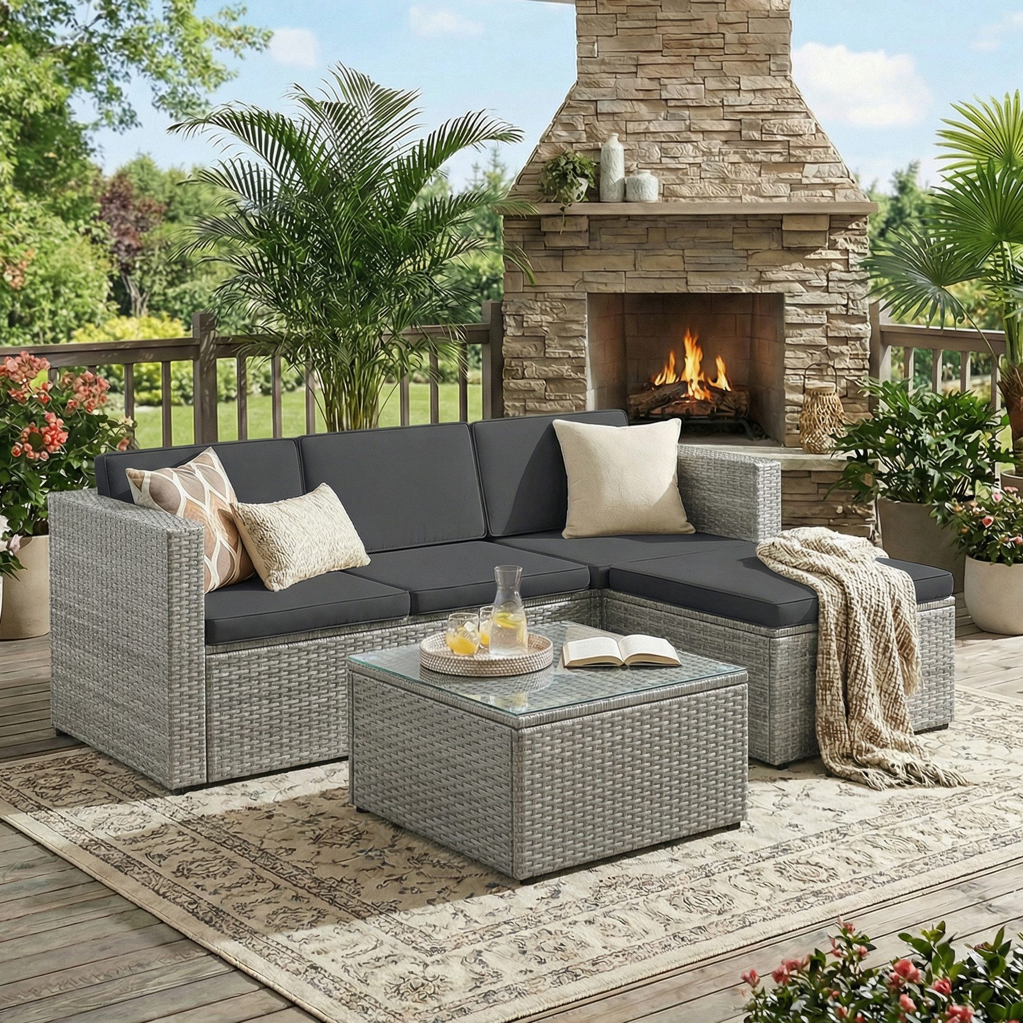SONGMICS Gartenlounge-Set, (5-tlg., 1 Ecksofa, 1 Hocker, 1 Couchtisch, 7 Kissen), Balkonmöbel, handgeflochtenes Rattan