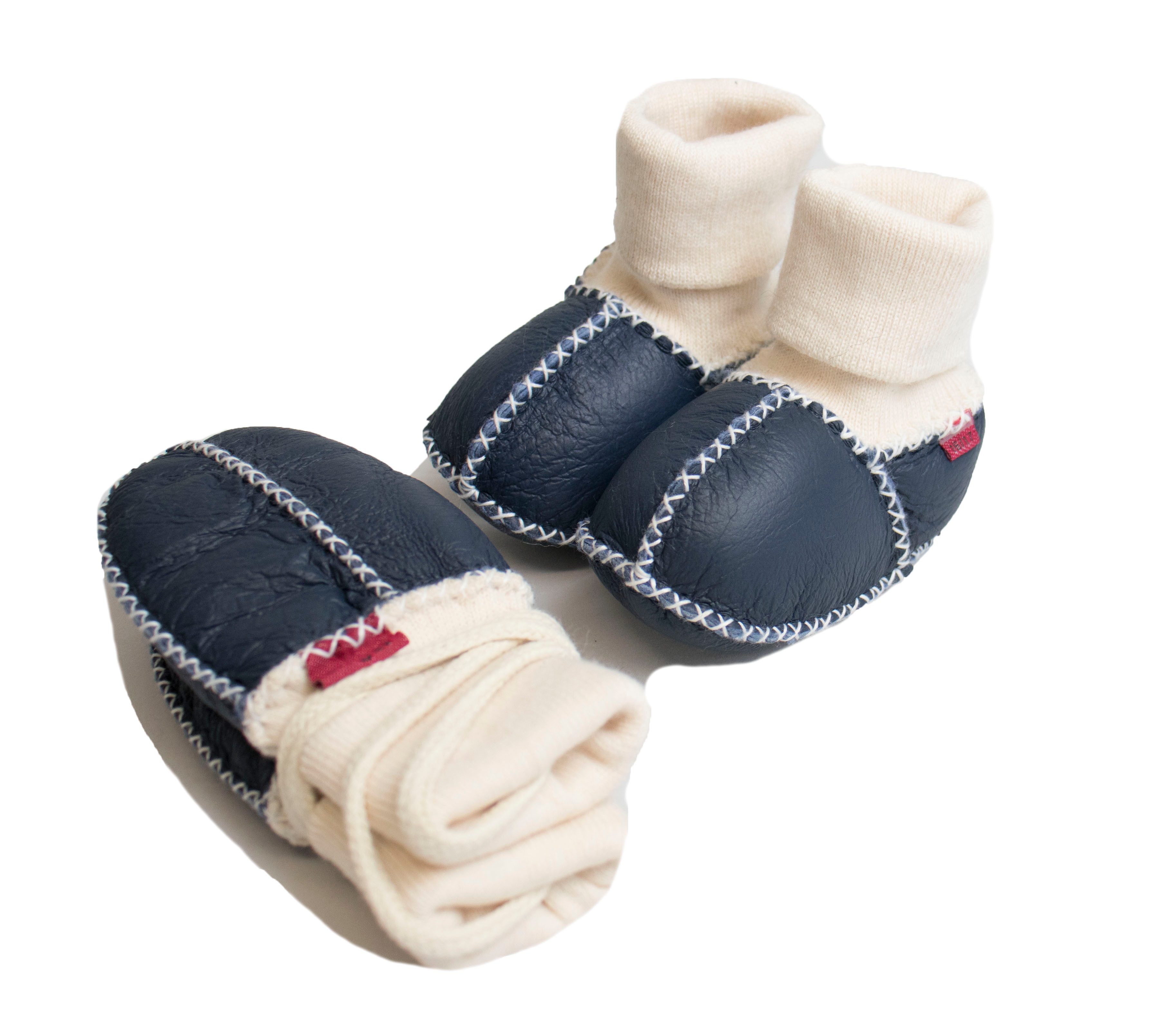 Reissner Lammfelle Baby Booties und Fäustl. Lammfell Set COLMAR Strickbünd. und Ziernaht Babystiefel
