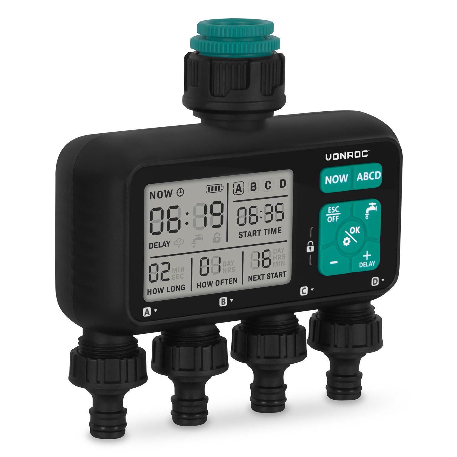 VONROC Bewässerungssteuerung - Wasser-Timer - Automatisches Bewässerungssystem – Breites, (einstellbares Intervall und Dauer: 1 Stunde), bis 15 Tage/1 Sekunde bis 99 Minuten – IPX5 wasserdicht