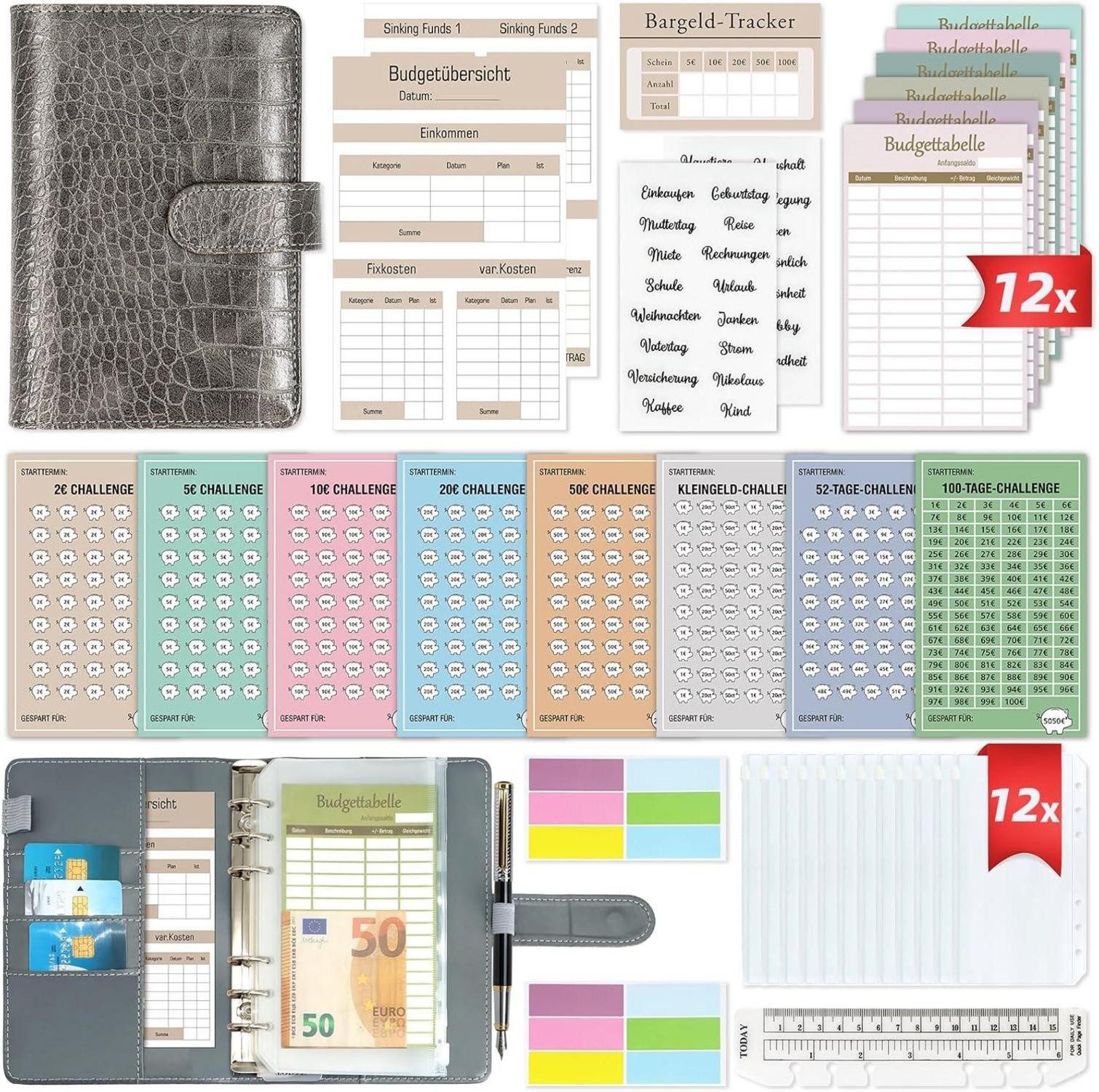 Notizbuch Budget Planner Deutsch Startset mit 8 Sparchallenges - A6 Leder Binder