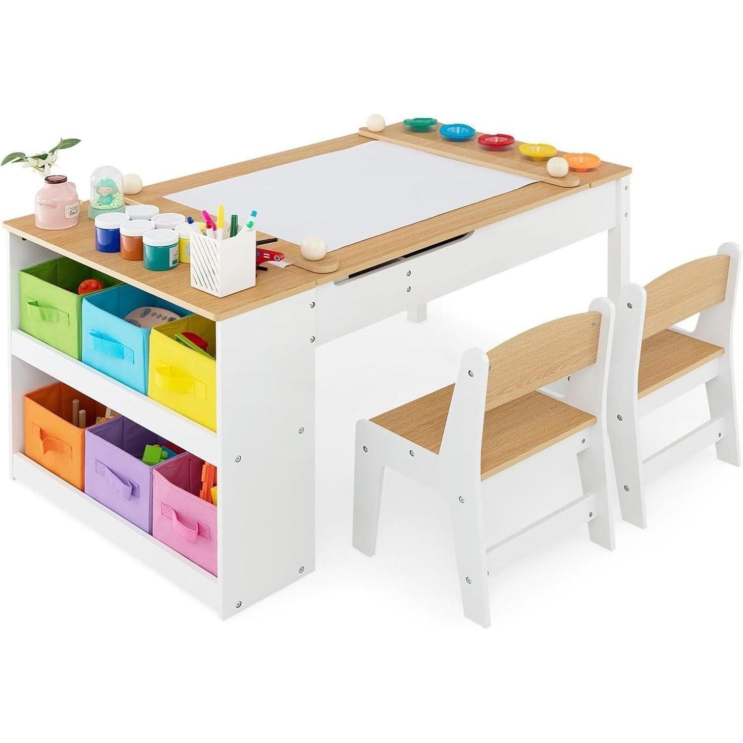 LuxusKollektion Kindertisch Kindertisch 3in1 2 Stühle Holz Maltisch 6 Natur mit 2 Ablagen