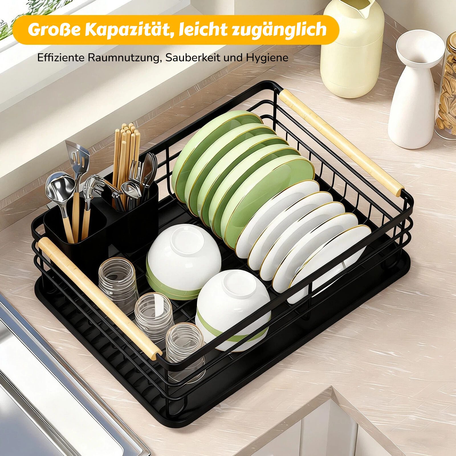 BlingBin Geschirrständer Geschirr Abtropfgestell mit Auffangschale, 43 × 30,5 × 14 cm, Rostfrei Spülkorb mit Holzgriff für Teller, Töpfe & Besteck, Schwarz