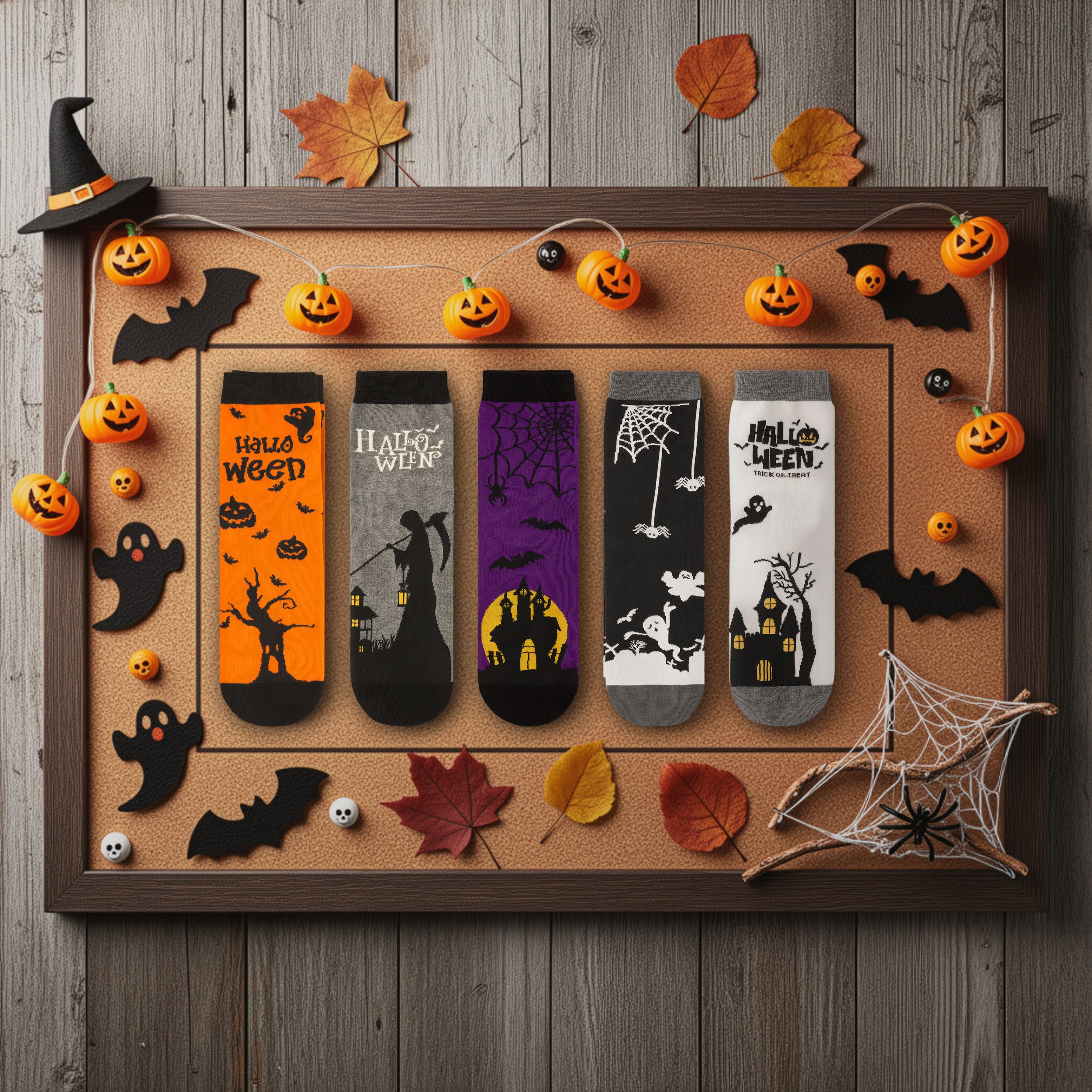 BRUBAKER Socken Halloween Sockenset - Lustige Baumwollsocken in Orange, Lila & Schwarz (5-Paar) Kürbis, Skelett & Gespenst - Bunte Herbstsocken für Damen & Herr – Bild 4 von 5
