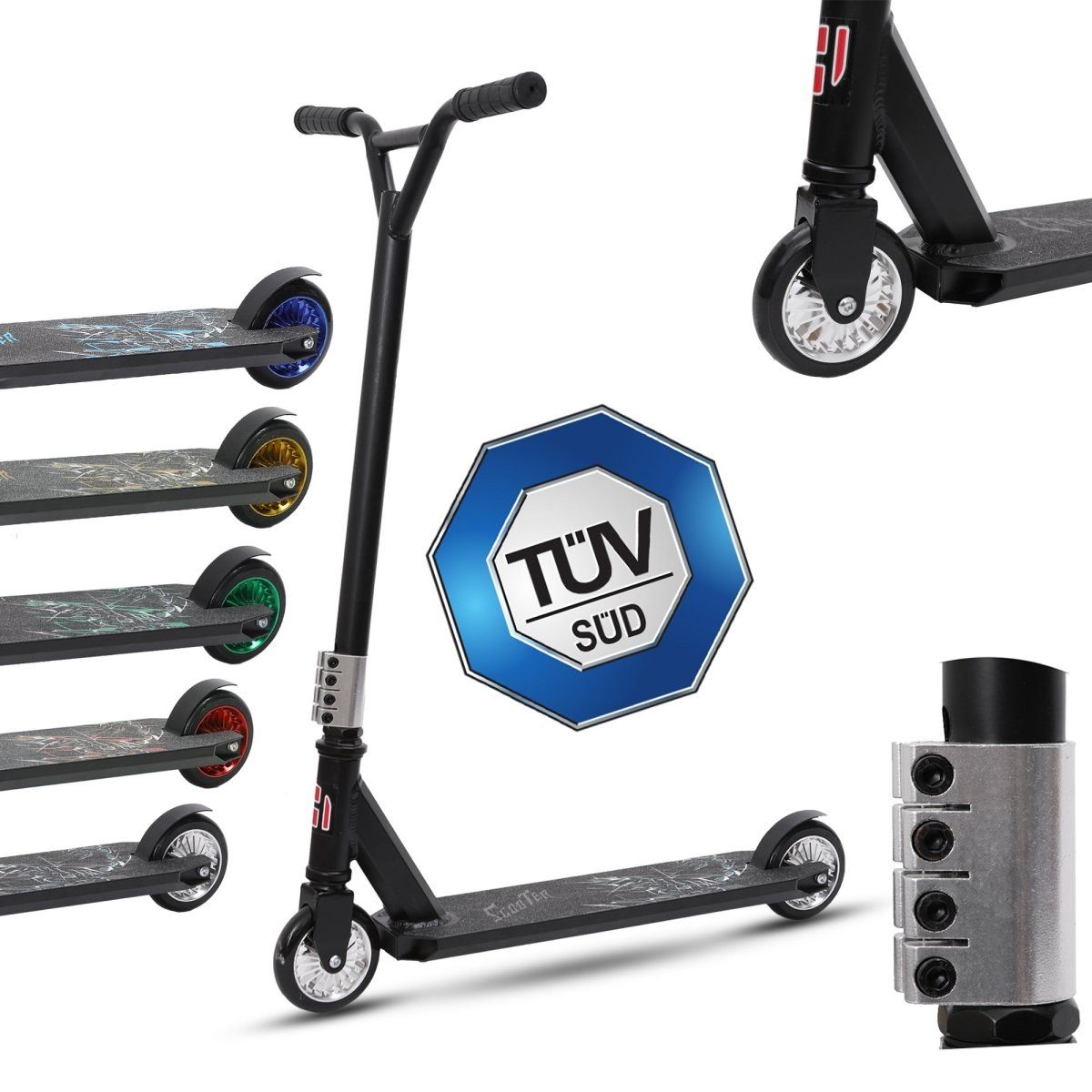Habib Gruppe Stuntscooter Stunt Roller Kinder ab 8 Jahre 360° Lenkung 110 mm Räder bis 100 kg