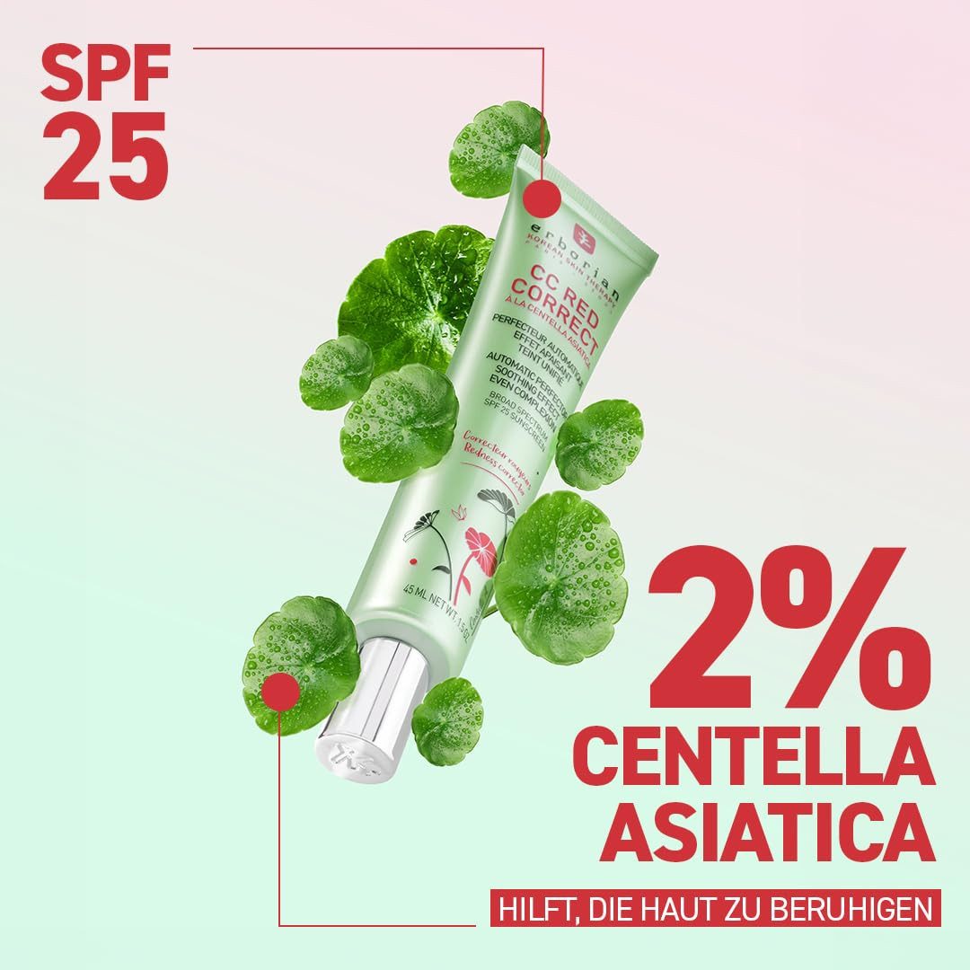 Erborian Gesichtspflege CC Red Correct mit Centella Asiatica gegen Rötungen und Unregelmäßigkeiten im Teint, Farbkorrektur & Teint-Perfektionierer, LSF 30