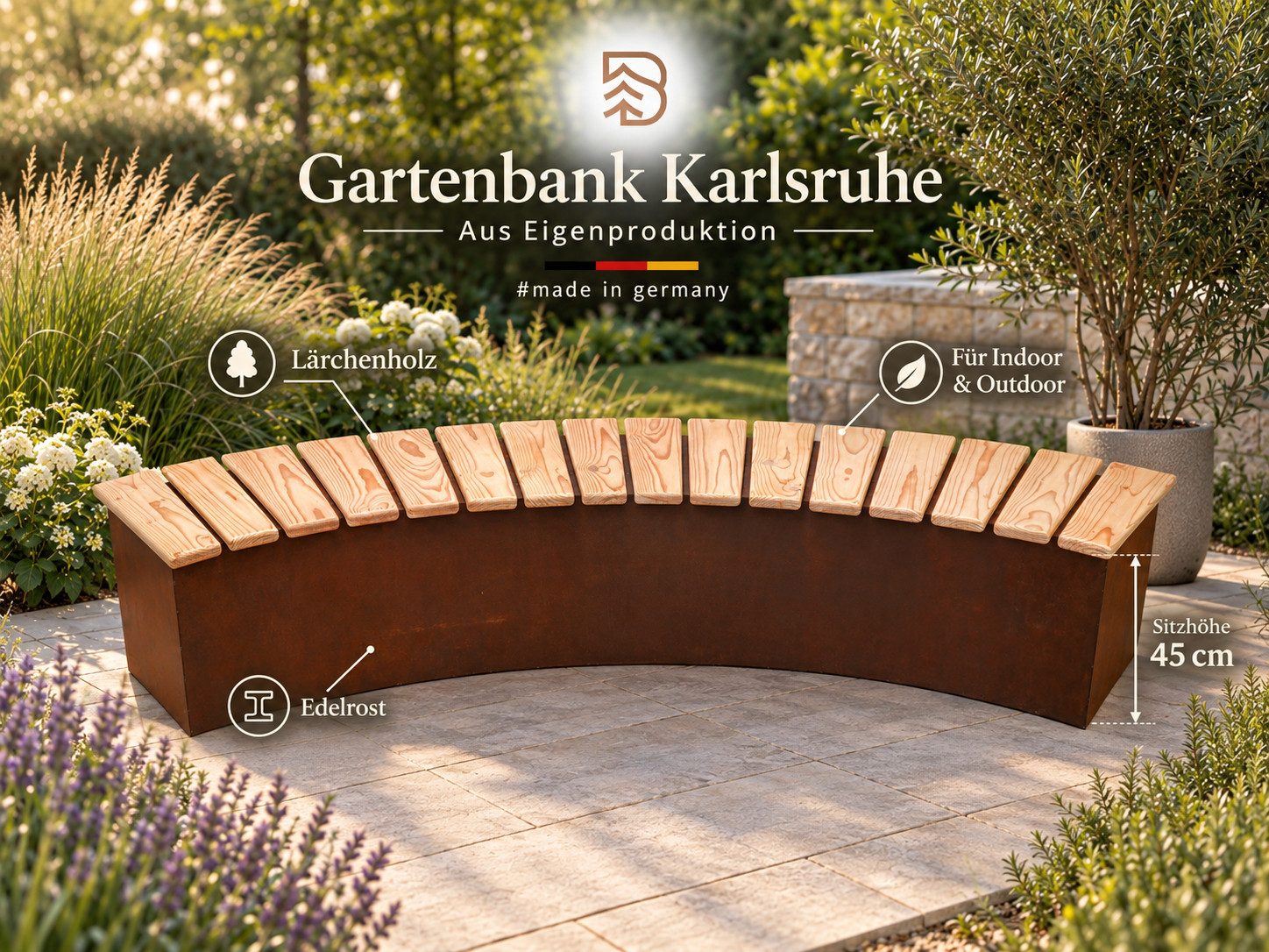 BADEKO Gartenbank Gartenbank Karlsruhe aus Lärchenholz und Edelrost/Cortenstahloptik