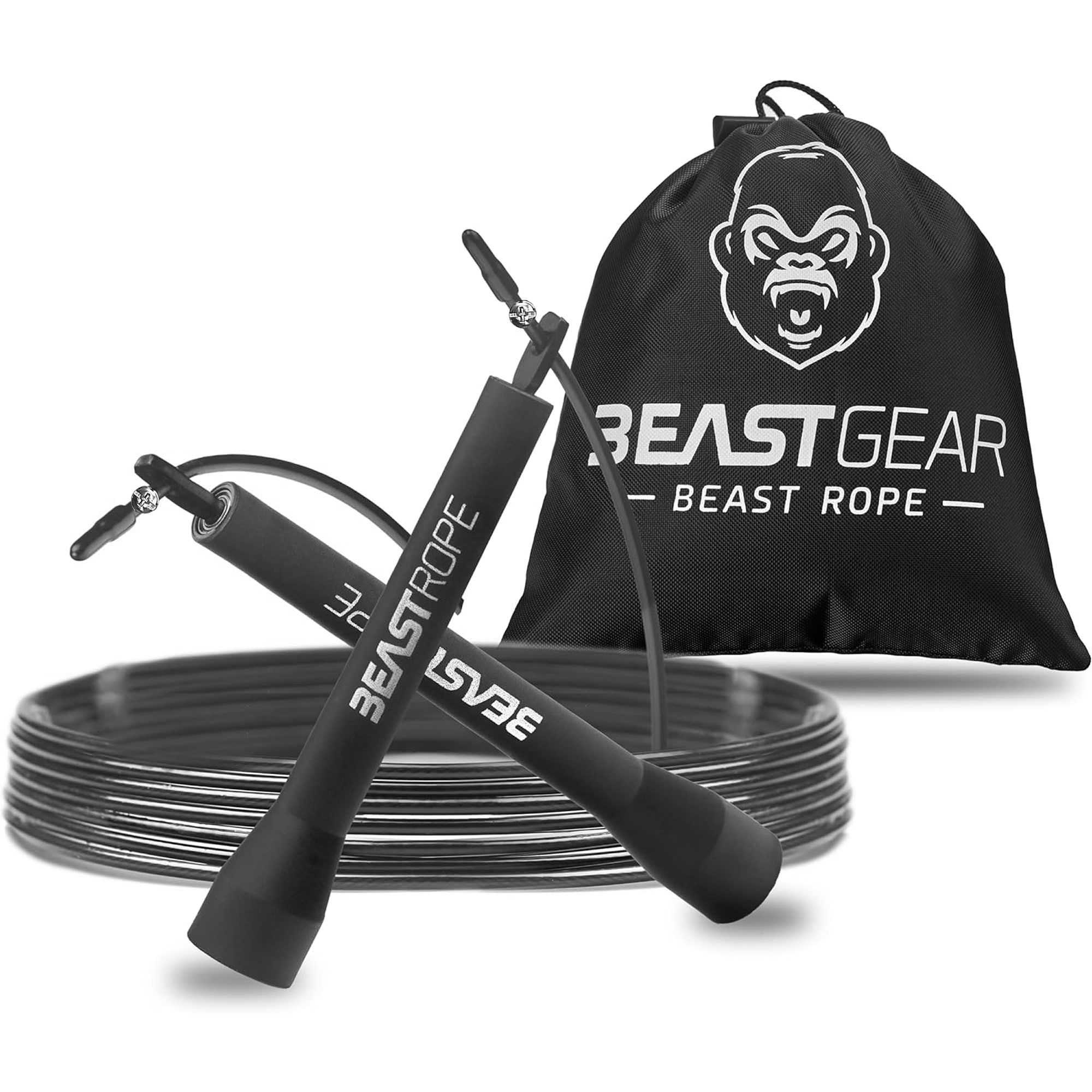 Beast Gear Springseil Sprungseil Fitness Stahlseil 280 cm verstellbar, Kugellager, Boxen, knick und verdrehsicher, Länge individuell einstellbar