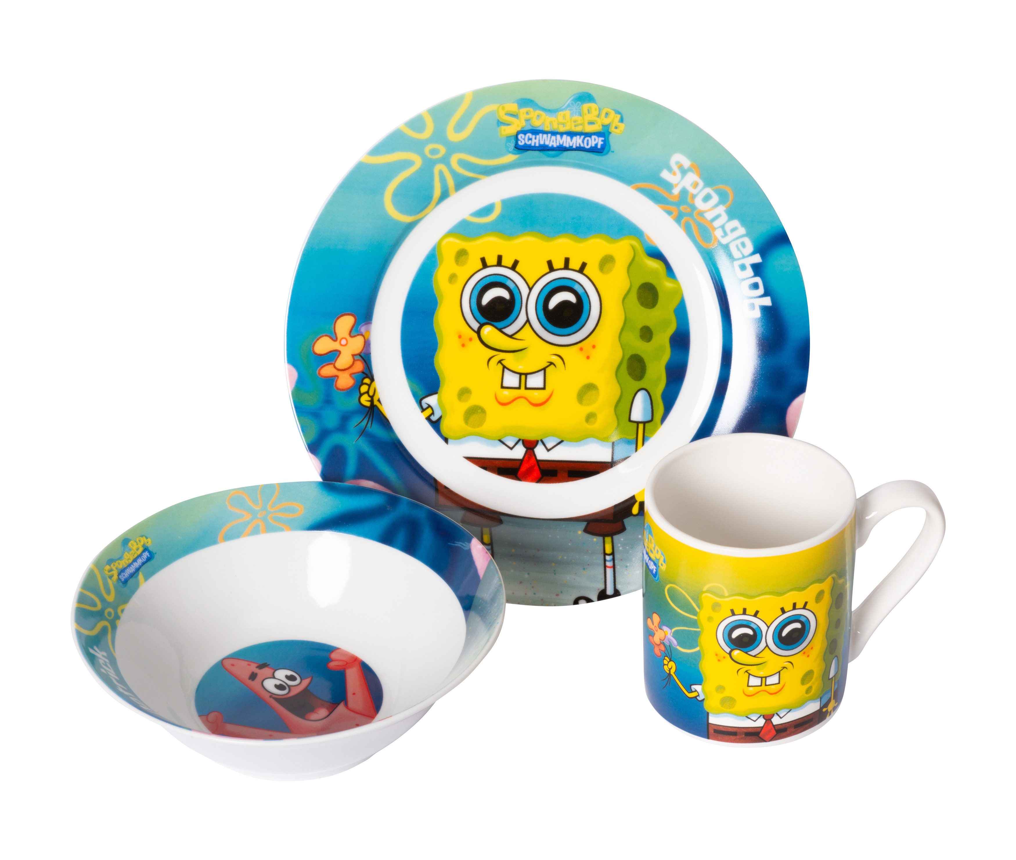 United Labels® Frühstücks-Geschirrset Frühstücksset (Schale, Teller, Tasse) - SpongeBob (NEU & OVP)