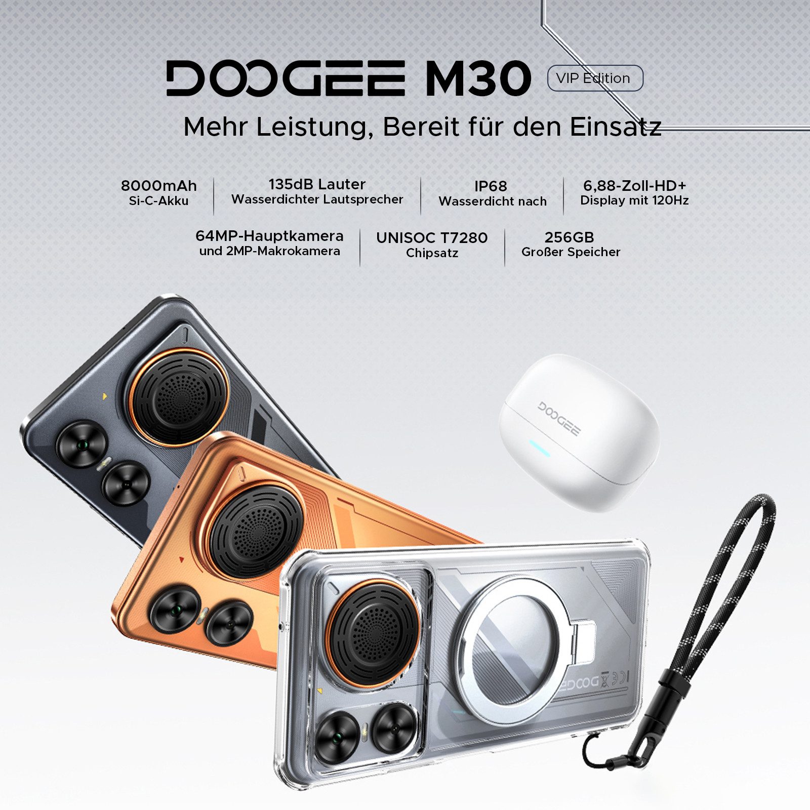 DOOGEE M30 Android 16 Handy, Kopfhörer, IP68, 6,88"mit Lautsprecher 256GB Smartphone (48(6+48)+256GB, 2TB, Dual-SIM, 135dB, NFC/Fingerabdruck/Face ID)