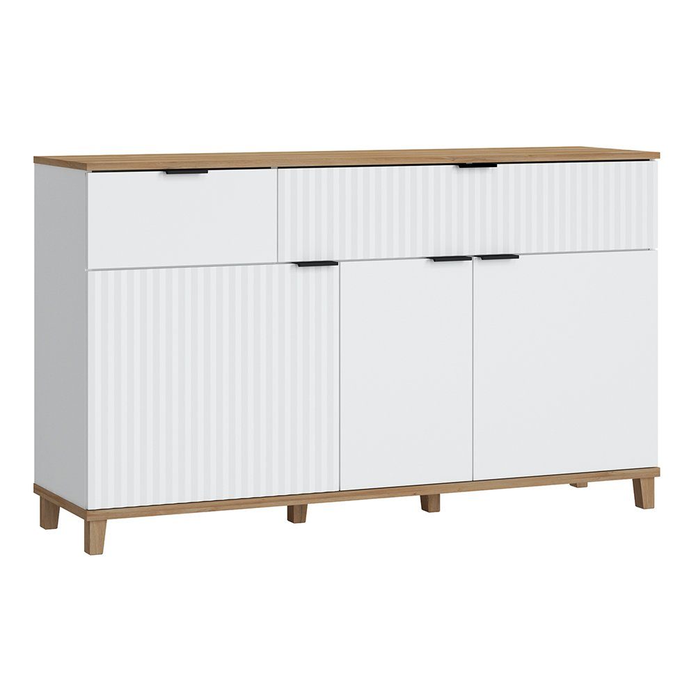 Lomadox Kommode PLYMOUTH-129, mit 3 Türen, 2 Schubladen in weiß mit Eiche Nb., 144,8/86,4/40 cm