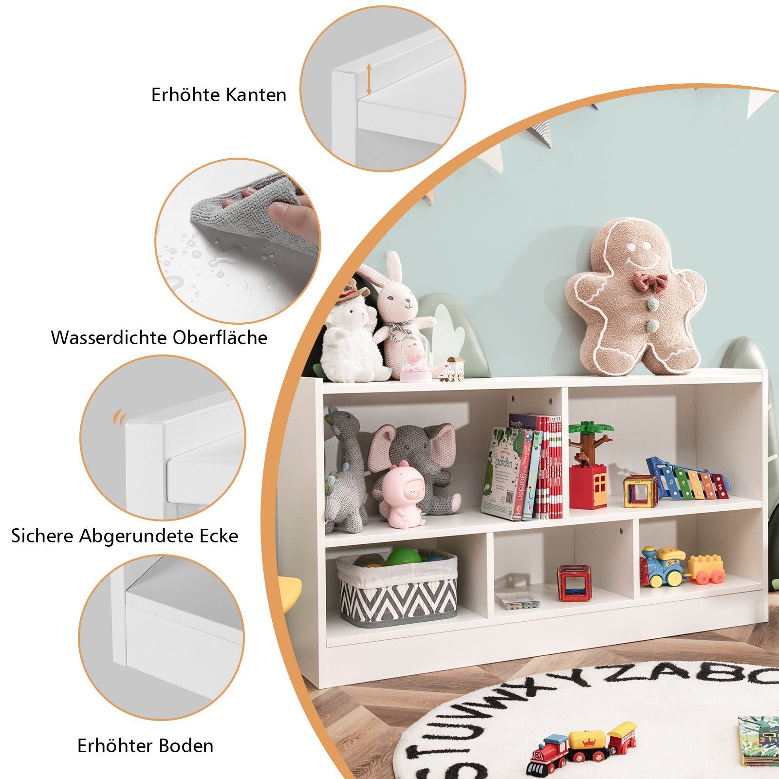 COSTWAY Bücherregal, Spielzeugschrank, 2 große Fächer & 3 kleine Fächer