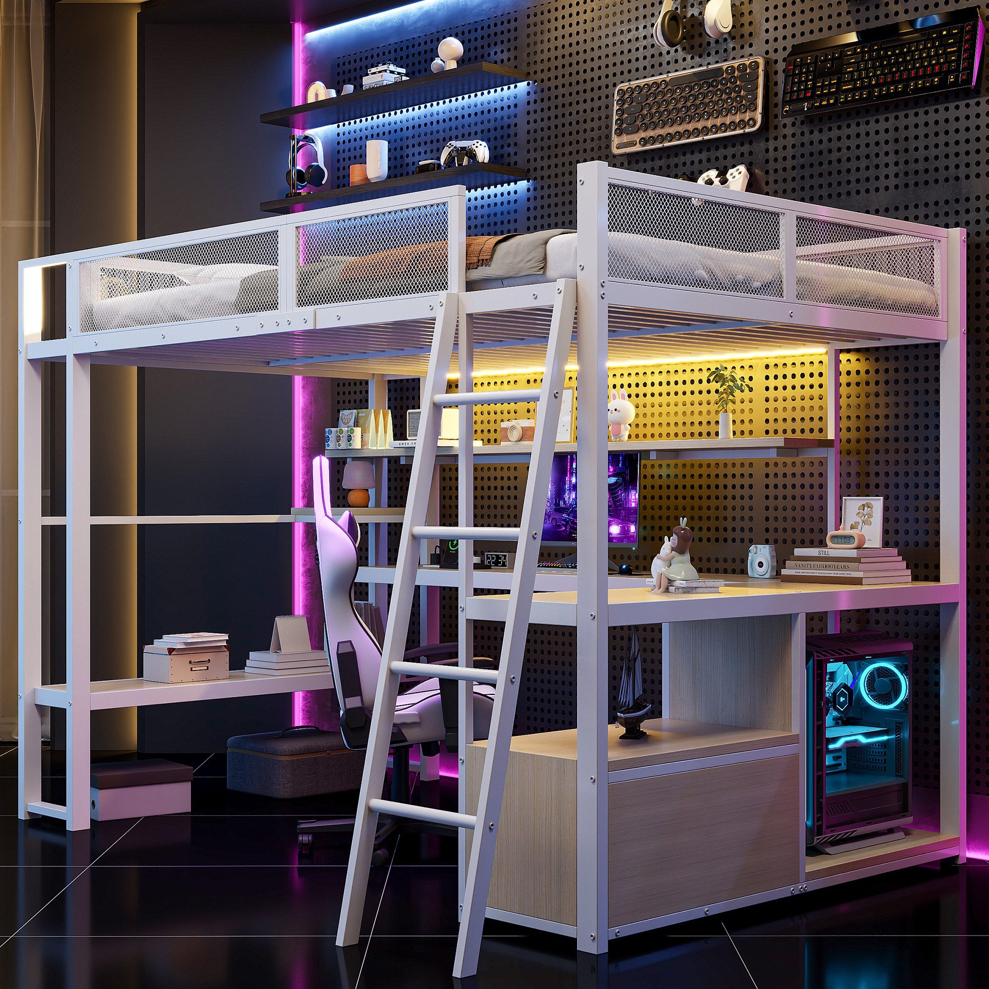 Odikalo Hochbett 140x200 Jugendbett mit Schreibtisch LED und Stauraum (Metall-Gaming-Hochbett (140 x 200 cm) mit integriertem Arbeitsplatz, LED-Beleuchtung und viel Stauraum)