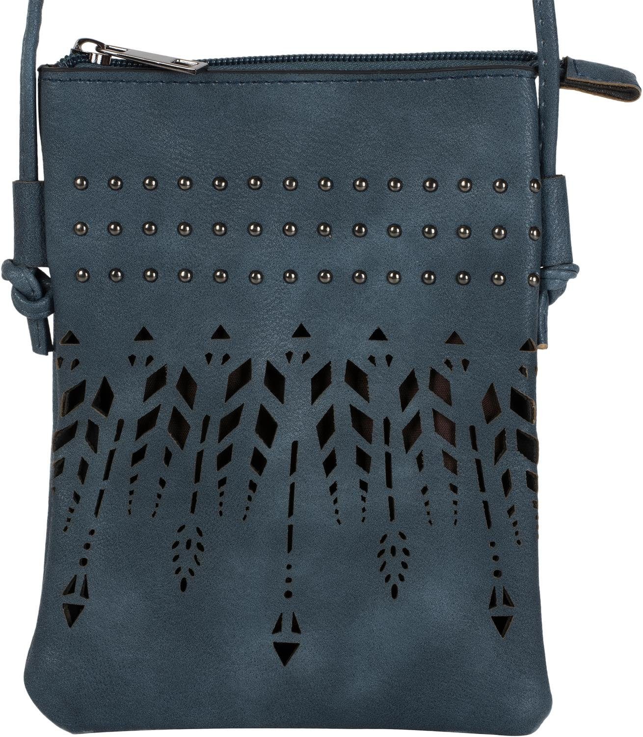 styleBREAKER Mini Bag (1-tlg), Mini Umhängetasche Ethno Cutout und Nieten Jeansblau