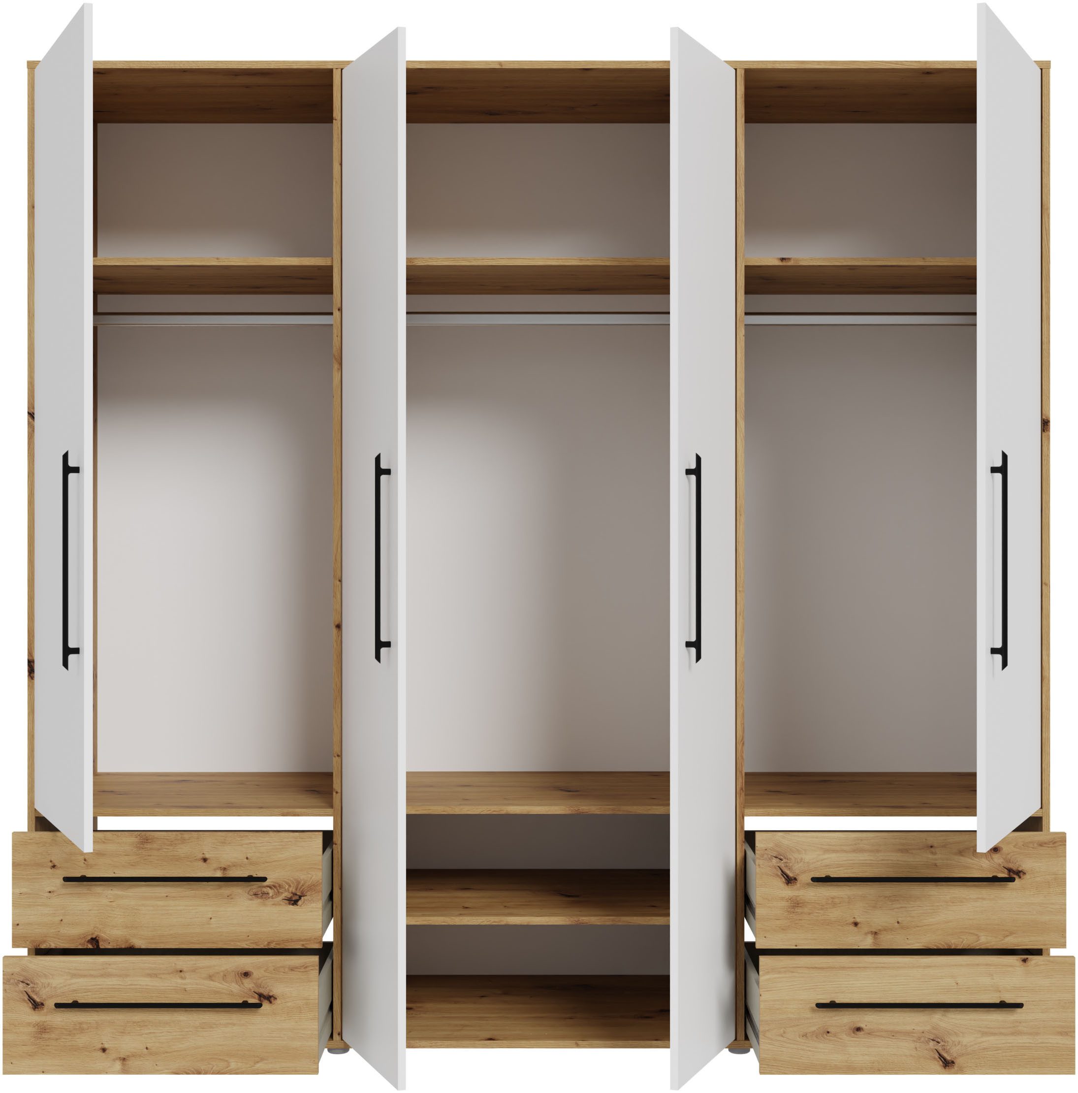 FORTE Kleiderschrank Mokkaris, Garderobe, zeitloses Design, 4 Türen, Made in Europe (B/H/T ca. 206x200x59cm) 4 Schubladen + schwarze Stangengriffe, Made in Euro – Bild 4 von 5