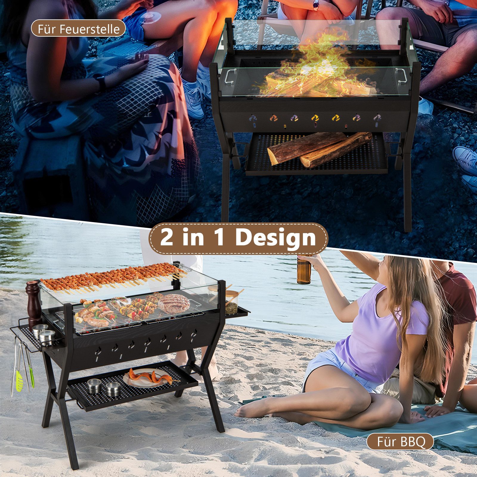 KOMFOTTEU Holzkohlegrill, 3 in 1 Gartengrill aus Edelstahl, BBQ Grill