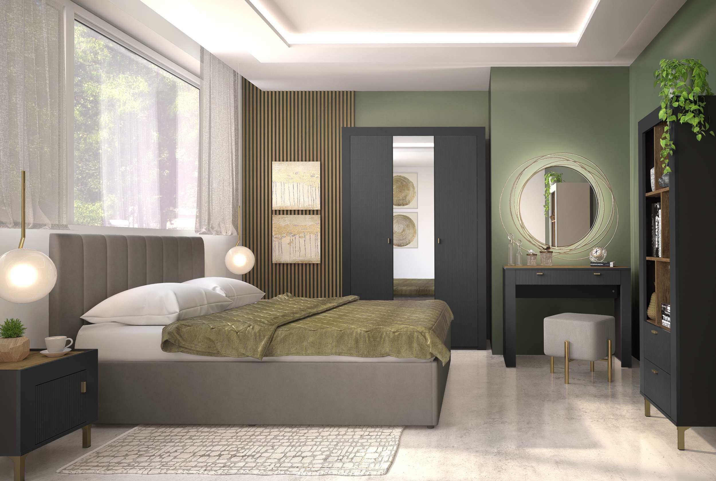 99rooms Schlafzimmer-Set Kossa, (Set (5-St), Komplett Schlafzimmer), Modern Design, mit viel Stauraum, Matratze, Lattenrost und Bettkasten