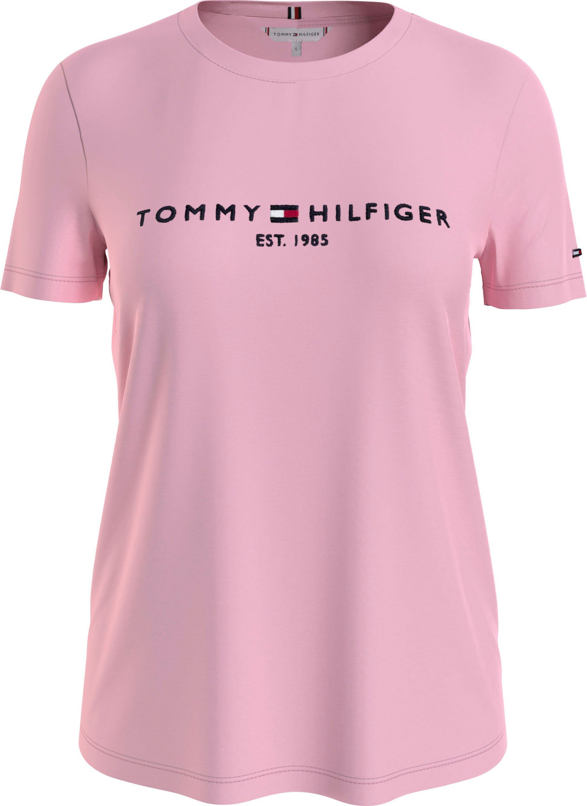 mit Logo-Schriftzug REG Tommy Tommy SS ESS C-NK Pastel Hilfiger TEE HILFIGER Linear Rundhalsshirt Hilfiger Pink TH