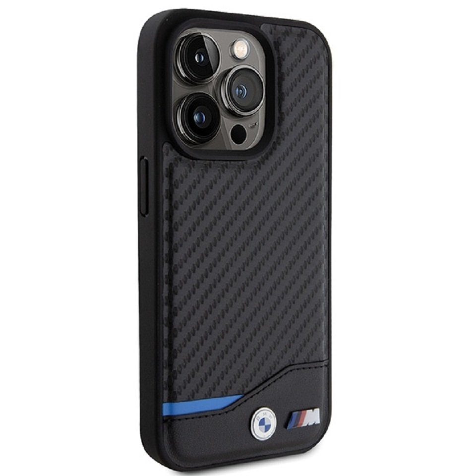 BMW Handyhülle Case iPhone 15 Pro Leder Tricolor schwarz Carbon 6,1 Zoll, Kantenschutz