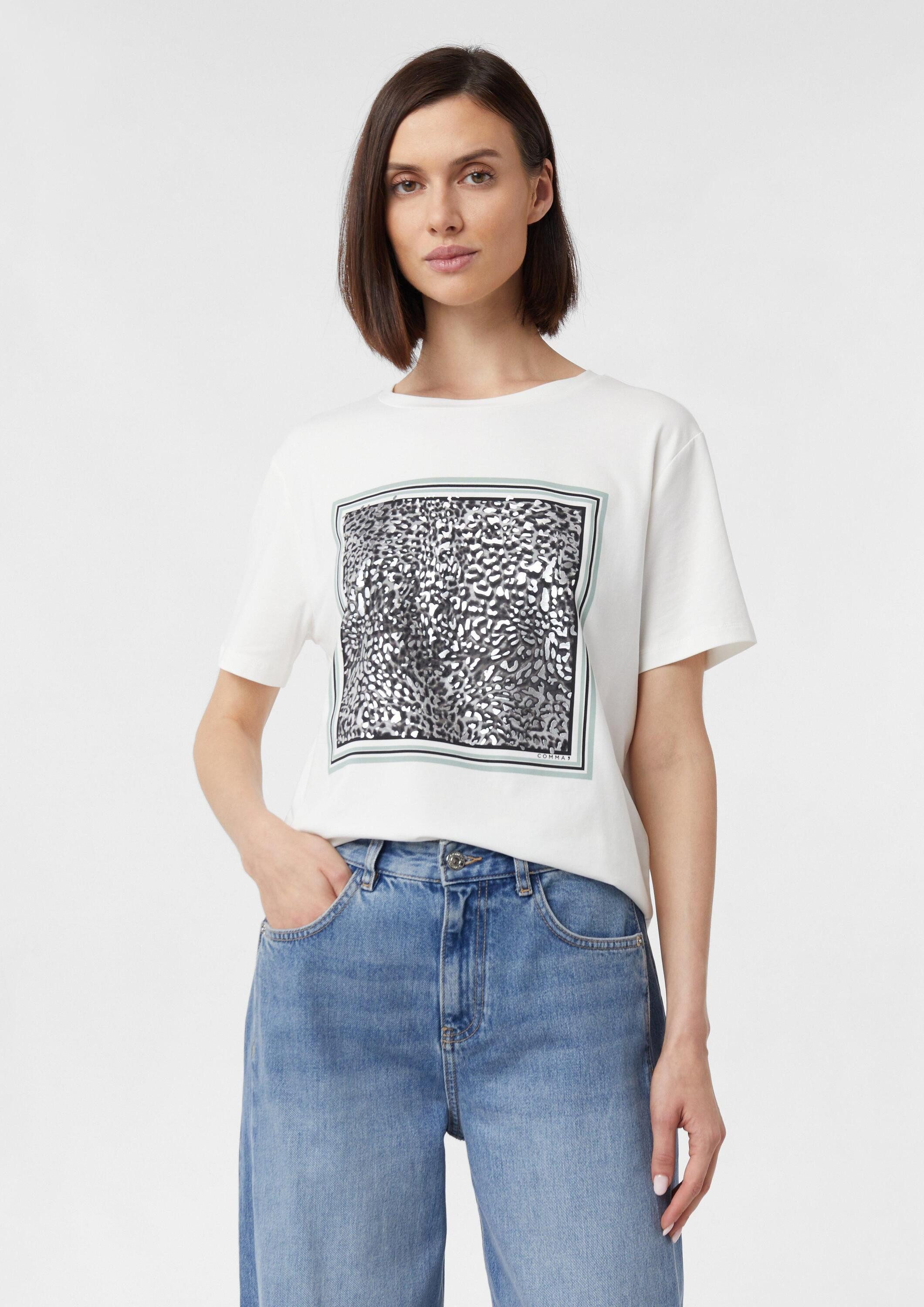 comma Kurzarmshirt T-Shirt Baumwollmix-T-Shirt im Regular Fit mit Frontprint