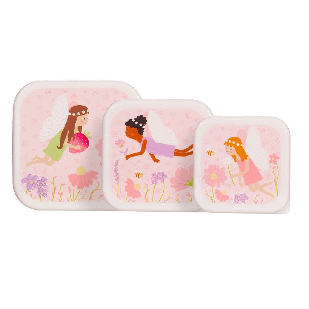 Sass & Belle Lunchbox Snackdosen Fee 3er Set Snack Obst Behälter Boxen, Kunststoff, BPA-frei, (Set, 3-tlg., ca. 11,5 x 11,5 x 5,5 cm (große Box), jede Box mit eigenem Design, passt genau in die größere