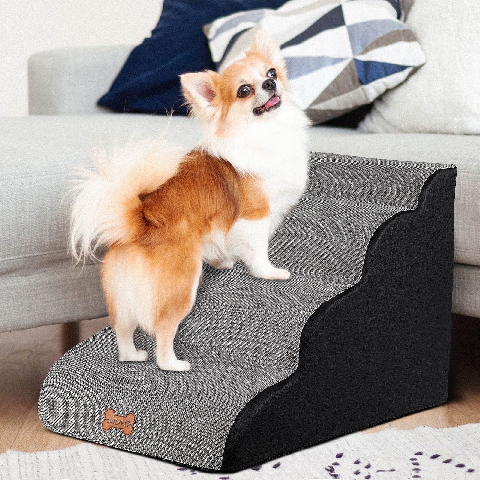 CALIYO Hunderampe Hundetreppe 3 Schichten Haustiertreppe Hundetreppe Katzentreppe, für Kleine Hunde Welpe Katzen aus Sofa Bett rutschfest