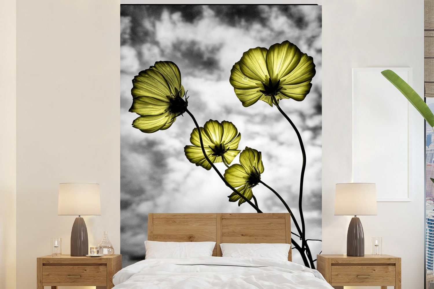 MuchoWow Fototapete Blumen - Schwarz - Weiß - Gelb, Matt, bedruckt, (3 St), Montagefertig Vinyl Tapete für Wohnzimmer, Wandtapete