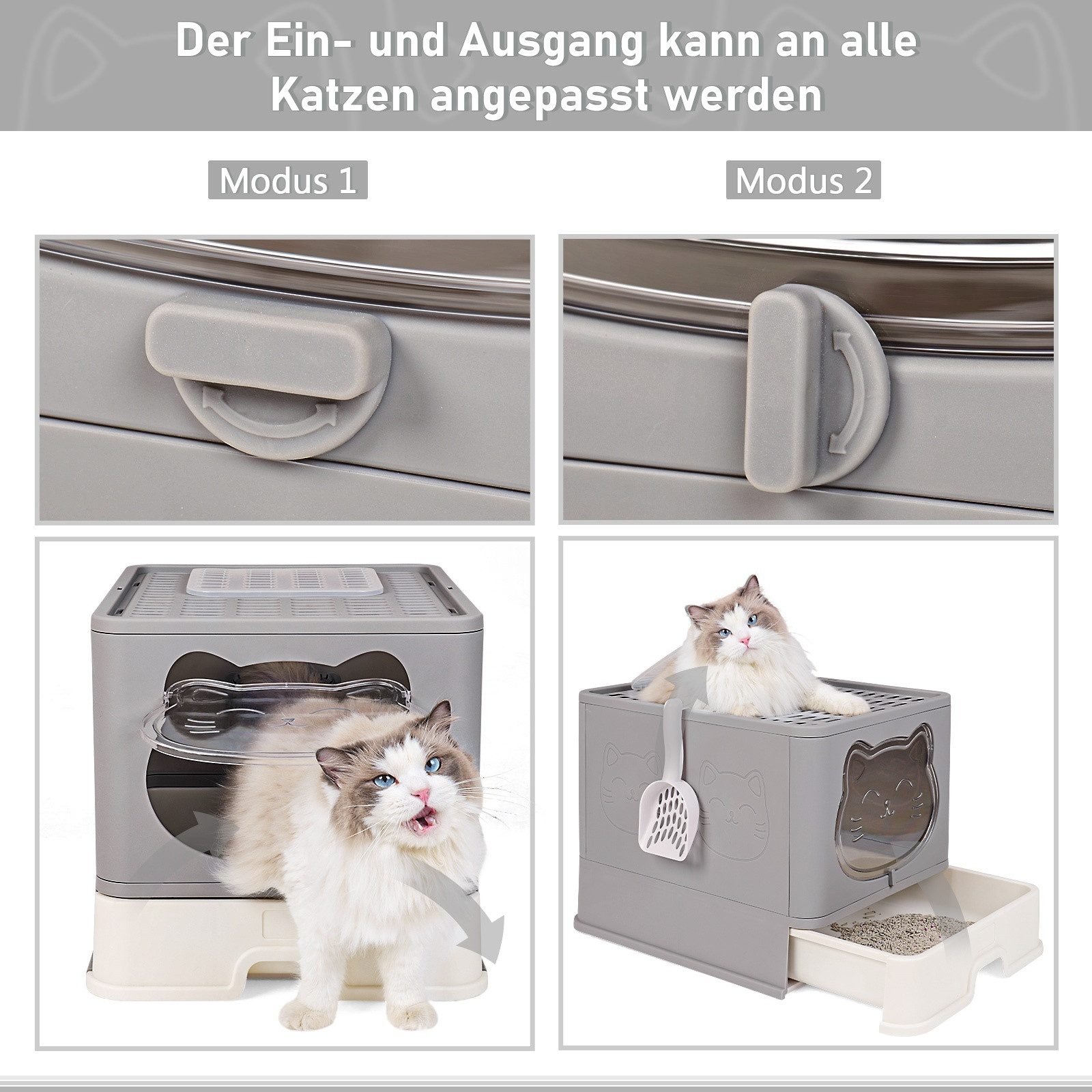 RAIKOU Katzentoilette Mit Geruchsschutz Schaufel und Schublade Robustes Abs-Material, Quadratisch, Spritzwassergesc