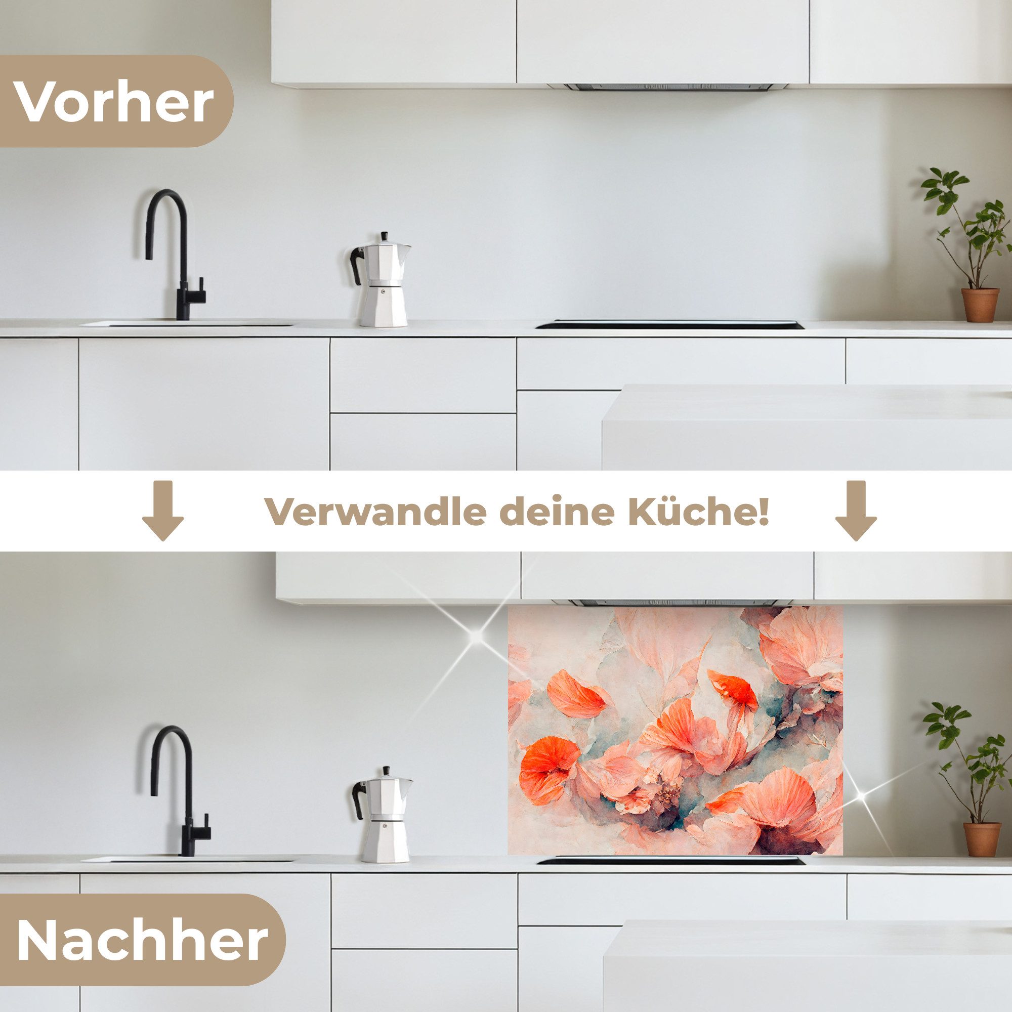 KitchenYeah Küchenrückwand selbstklebend Blumen - Blätter - Pflanzen - Rosa, (1-tlg), Spritzschutz, Küche, Rückwand, Küchenwand, Küchenfront, 80x60 cm