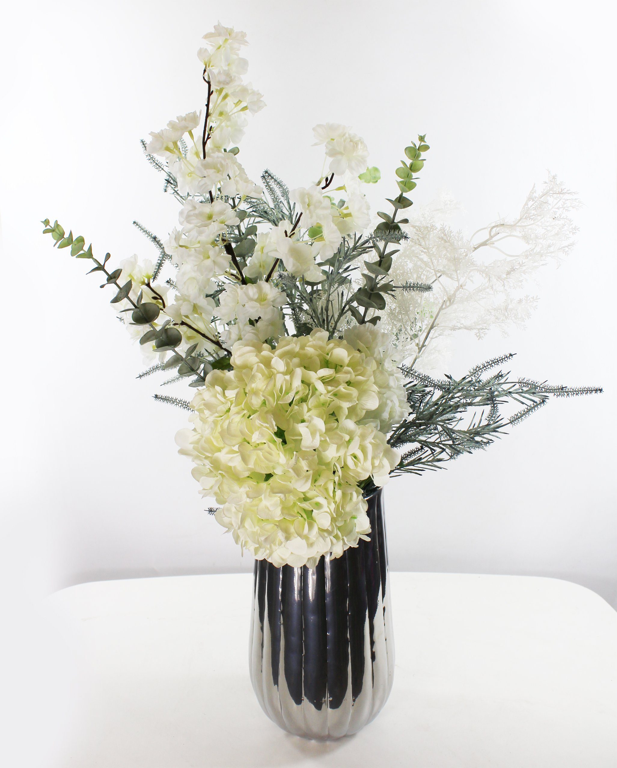 weißes mit Arnusa, Blumen-Bouquet Hortensie, Höhe 75 cm Vase Kunstpflanze Kunststrauß Metall Kunstblumenstrauß