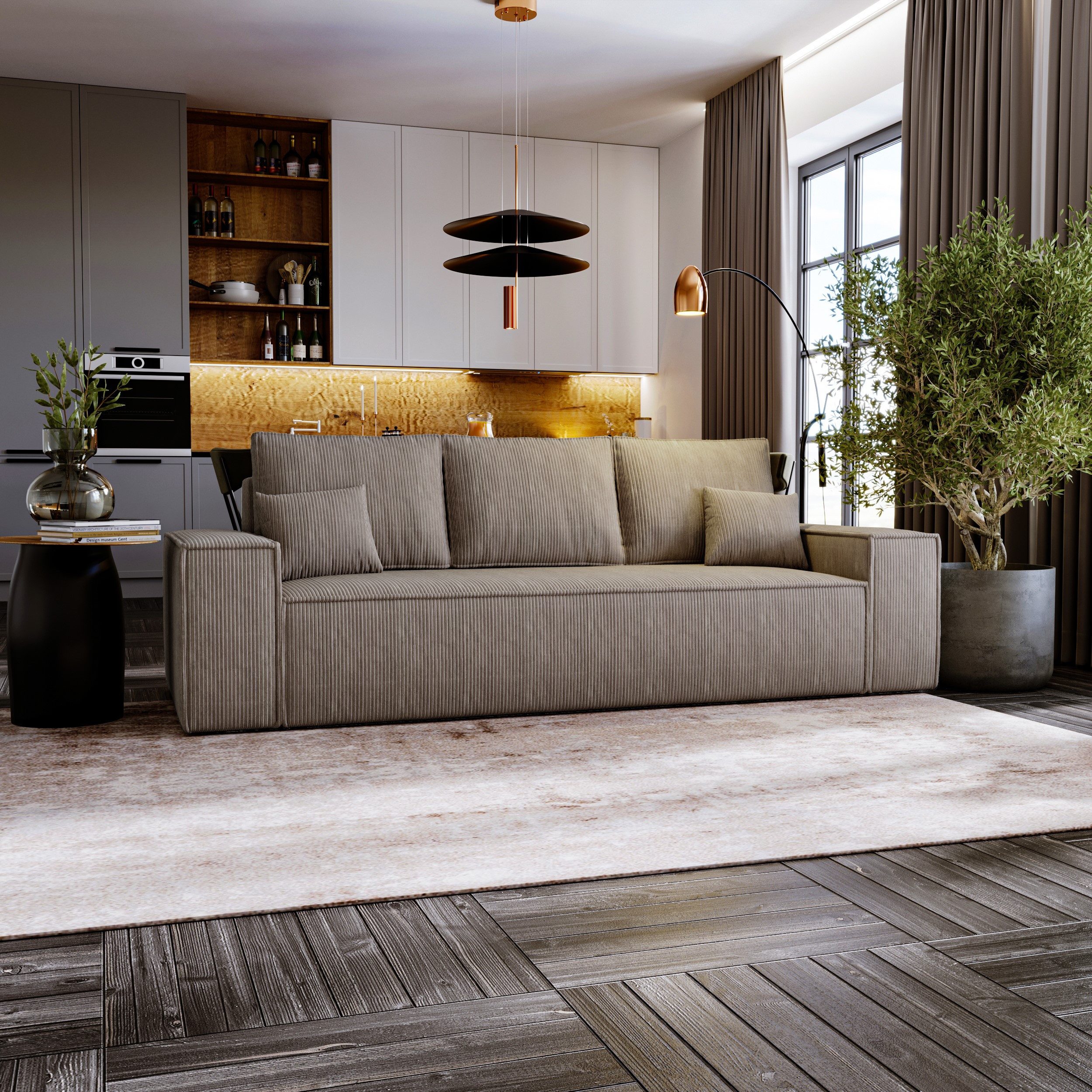 yourhouse24 Big-Sofa OLIMPIA 256 cm, Cord, mit Bettkasten & Schlaffunktion, Cord-Look mit XXL-Bettkasten