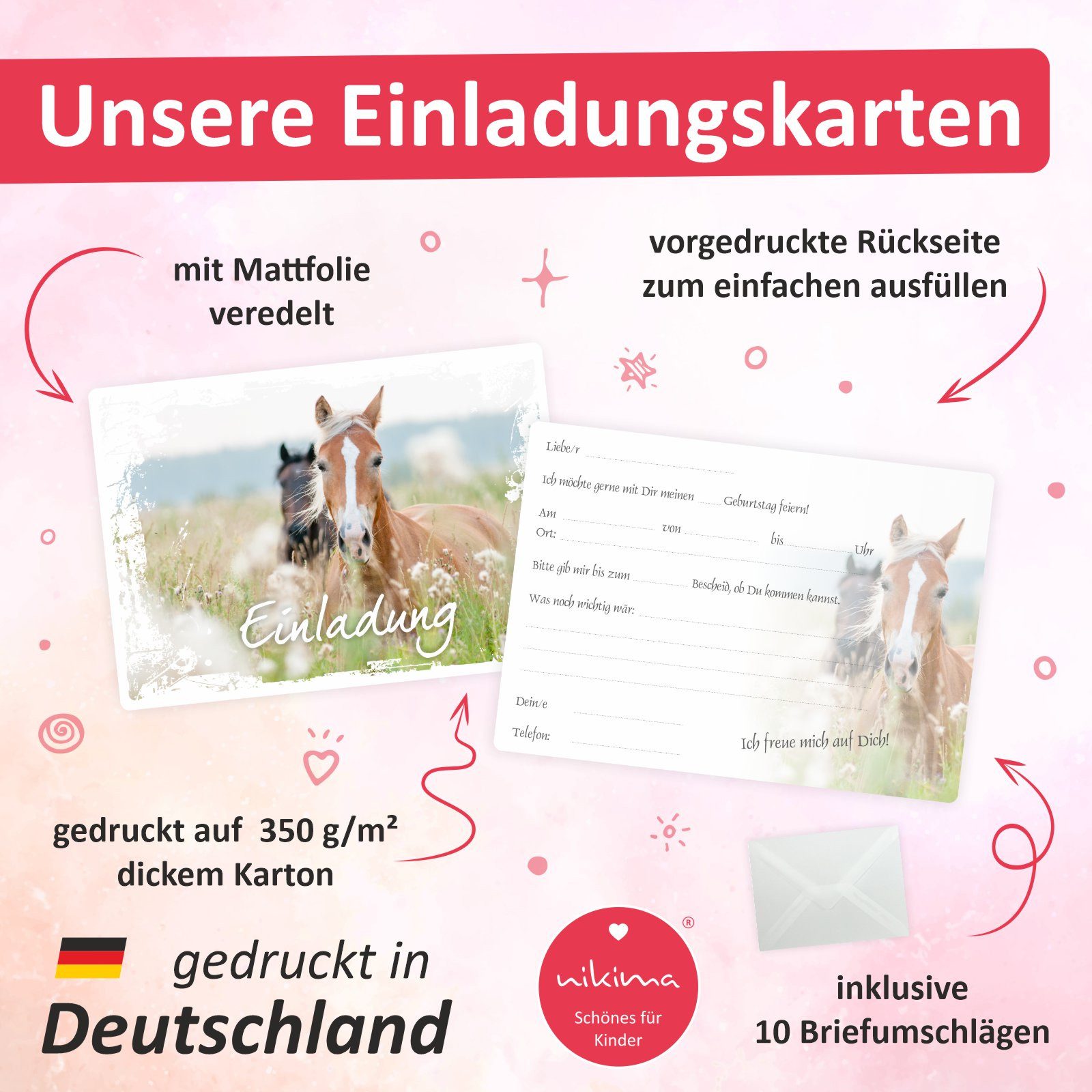 nikima Einladungskarten 10 Einladungskarten Pferde inkl. Umschlag