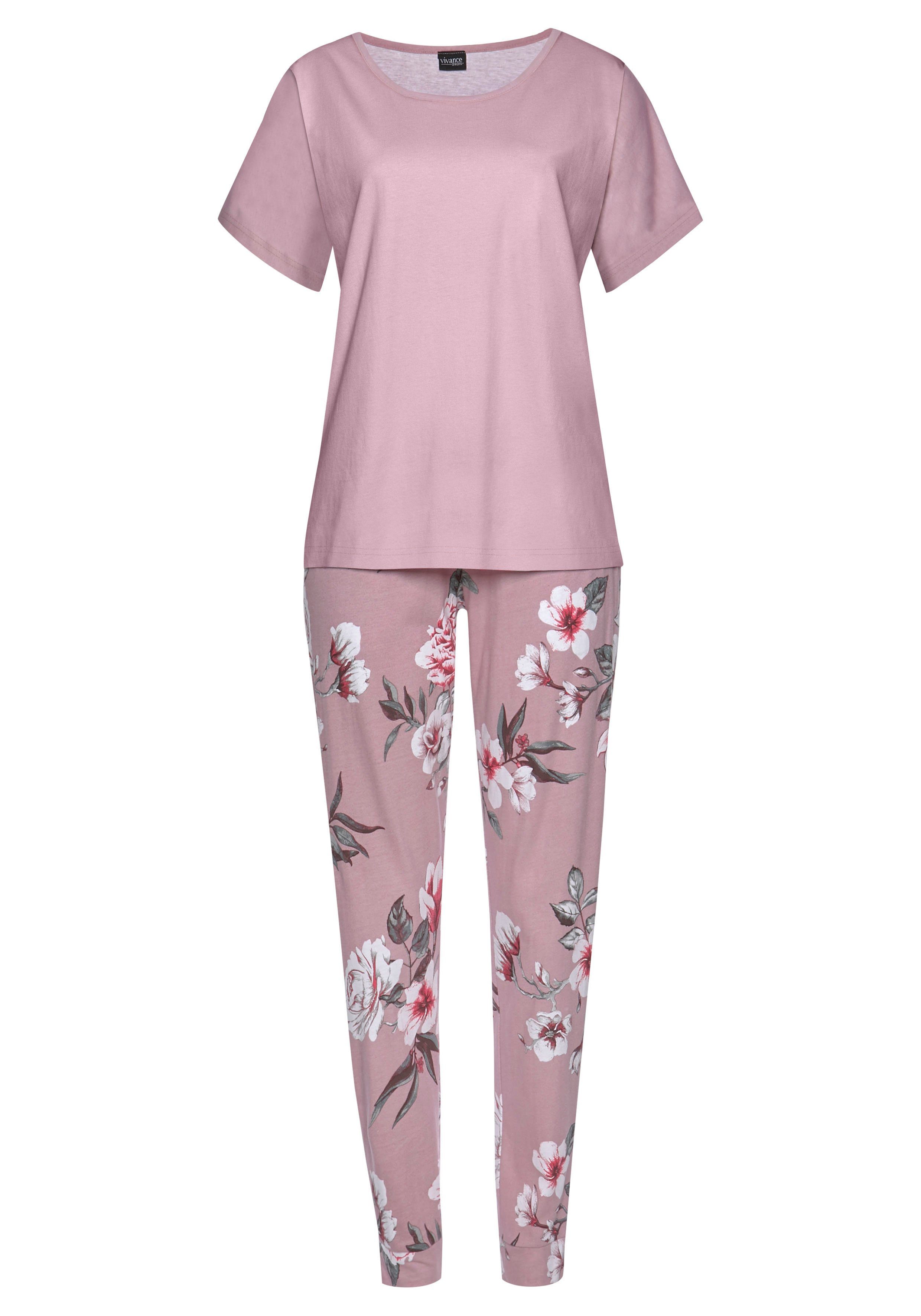 Vivance Dreams Pyjama (2 tlg., 1 Stück) mit Hortensienmuster, Unifarbenes  T-Shirt mit angeschnittenen Ärmeln und Rundhalsausschnitt